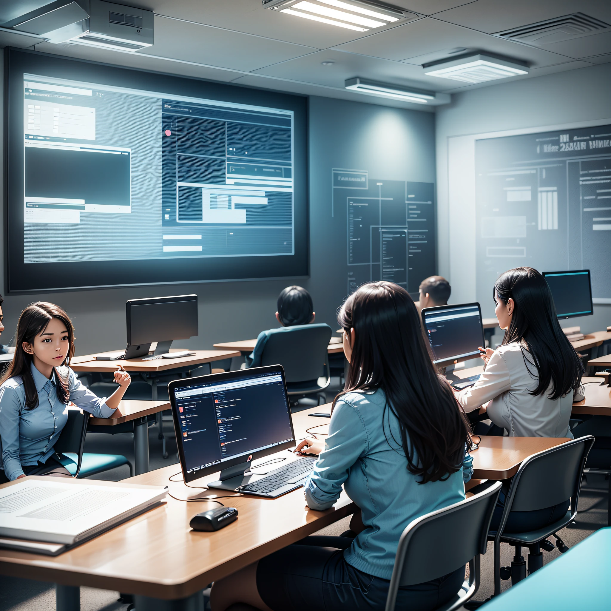 Futuristic classroom with a teacher at the front of the class and several students sitting at their desks with laptops --auto --s2