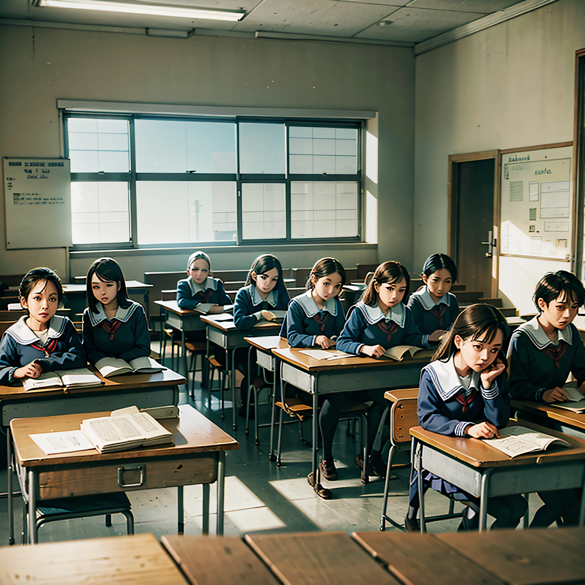 Old classroom with a teacher at the front of the class and several students sitting in their old desks with book --auto --s2