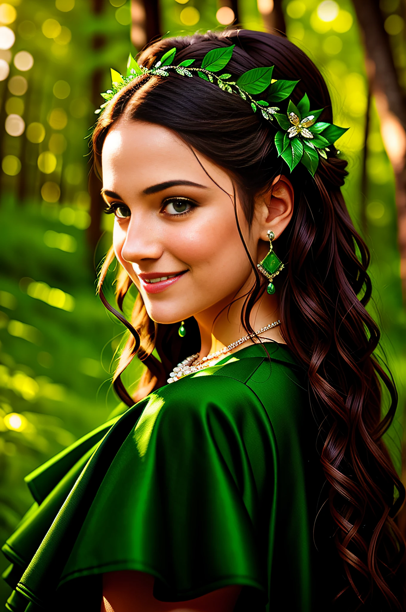happy young woman smiling with green eyes and long beautiful hair and a green dress in the woods, (((smiling))), art by Abbott Handerson Thayer, fine detail, atmospheric, vivid tones, sharp focus, sharp edges, Beautiful simple emerald and diamonds necklace, detailed eyes, detailed face, looking into camera, intricate, night outfit, bokeh background, back lighting, realistic concept art, digital painting, rich 3d render, The entire face that is captured on screen, 16k
