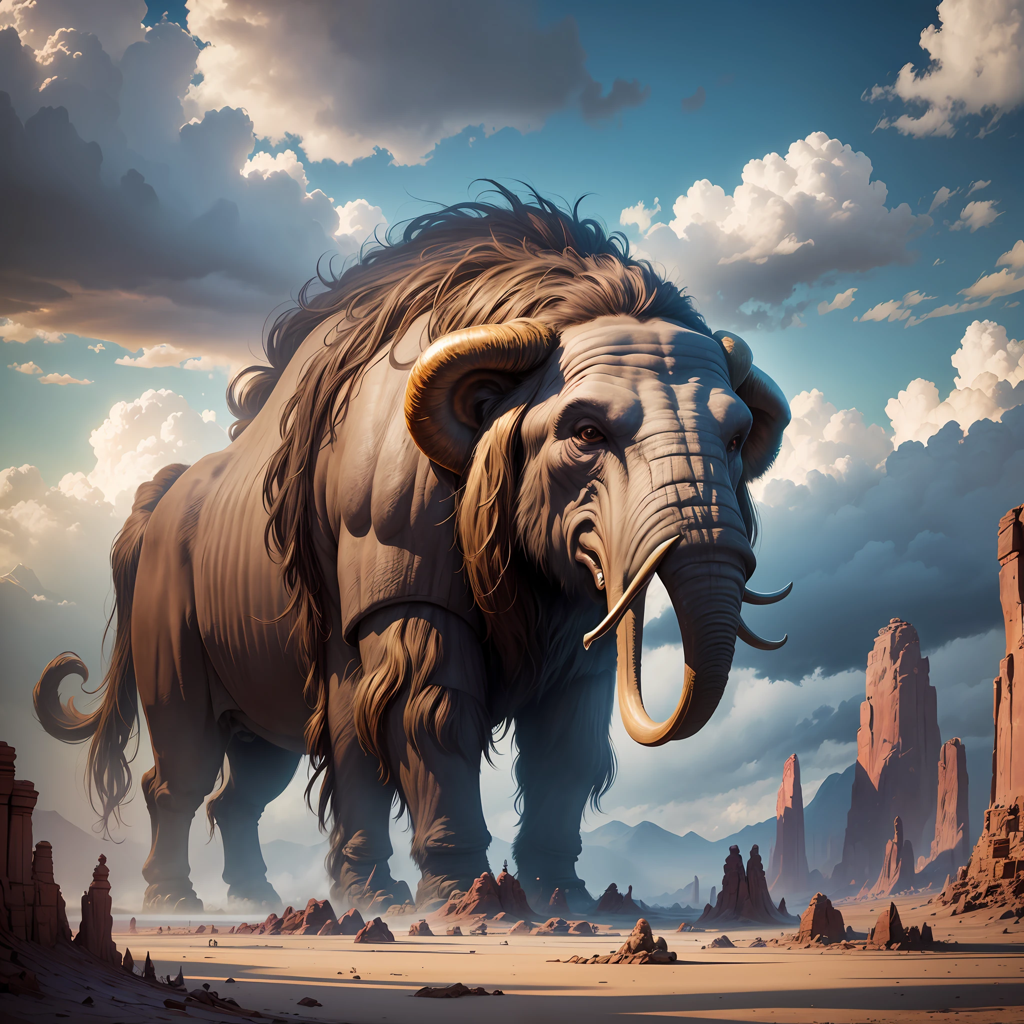Giant mammoth in an epic and beautiful landscape, foto HDR, magical fantasy aesthetics, fotografia hiper realista, melhor qualidade, 12mm f/16, trending on Flickr --auto --s2