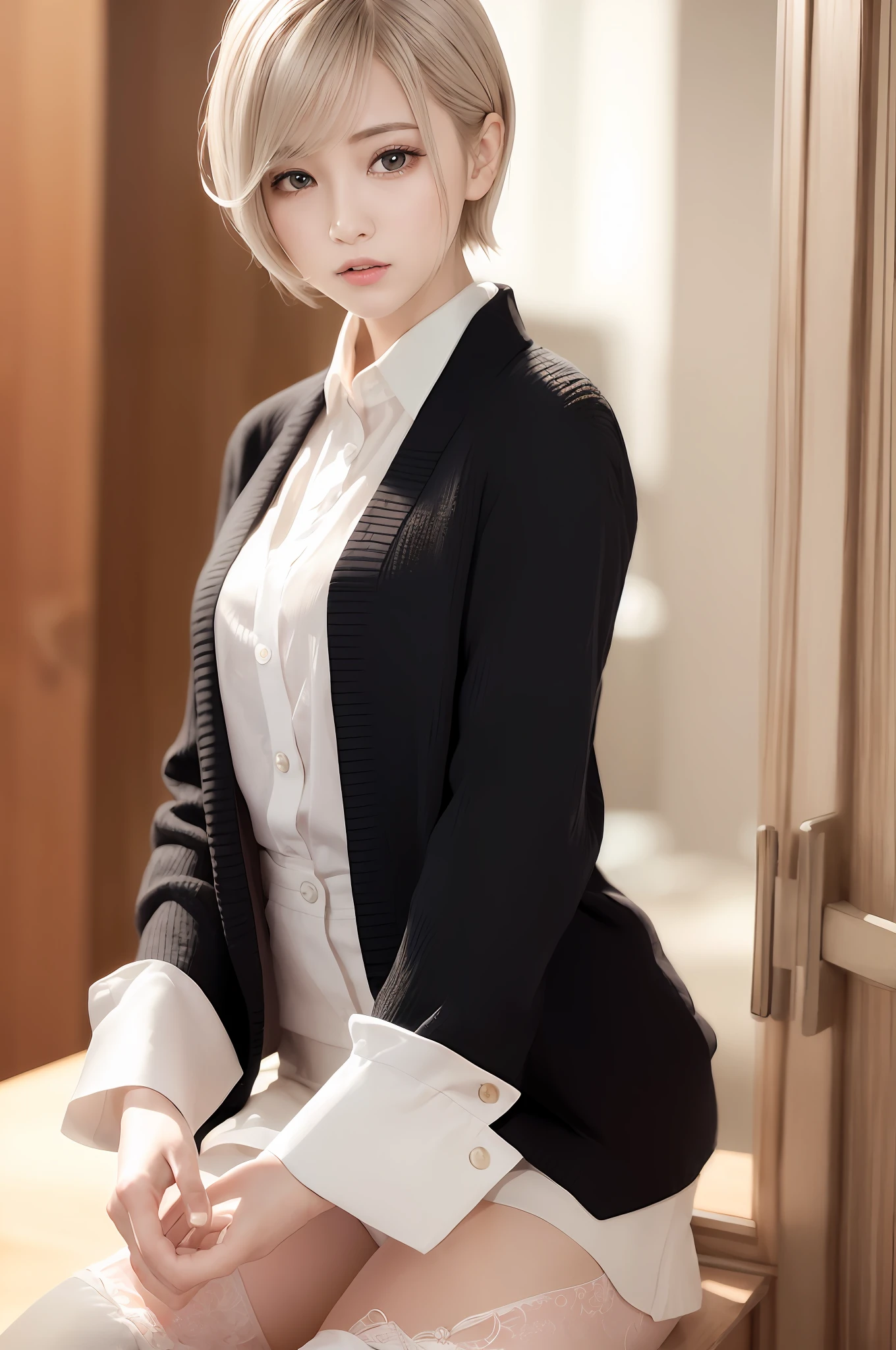 (RAW photo, best quality), (realistic, photo-realistic:1.3), masterpiece, an extremely delicate and beautiful, extremely detailed, CG, unity , 2k wallpaper, Amazing, finely detail, light smile, extremely detailed CG unity 8k wallpaper, huge filesize, ultra-detailed, highres, absurdres, soft light, (((short hair:1.3), short bang, silver hair, floating hair novafrogstyle)), beautiful detailed girl, detailed fingers, extremely detailed eyes and face, beautiful detailed nose, beautiful detailed eyes, long eyelashes, light on face, looking at viewer, (closed mouth:1.2), 1girl, cute, young, mature face, (full body:1.3), realistic face, realistic body, beautiful detailed thigh, (ulzzang-6500-v1.1:0.8), business suit, cross-laced clothes, collared shirt, open clothes, in office, detailed office, open cardigan, black thighhighs,