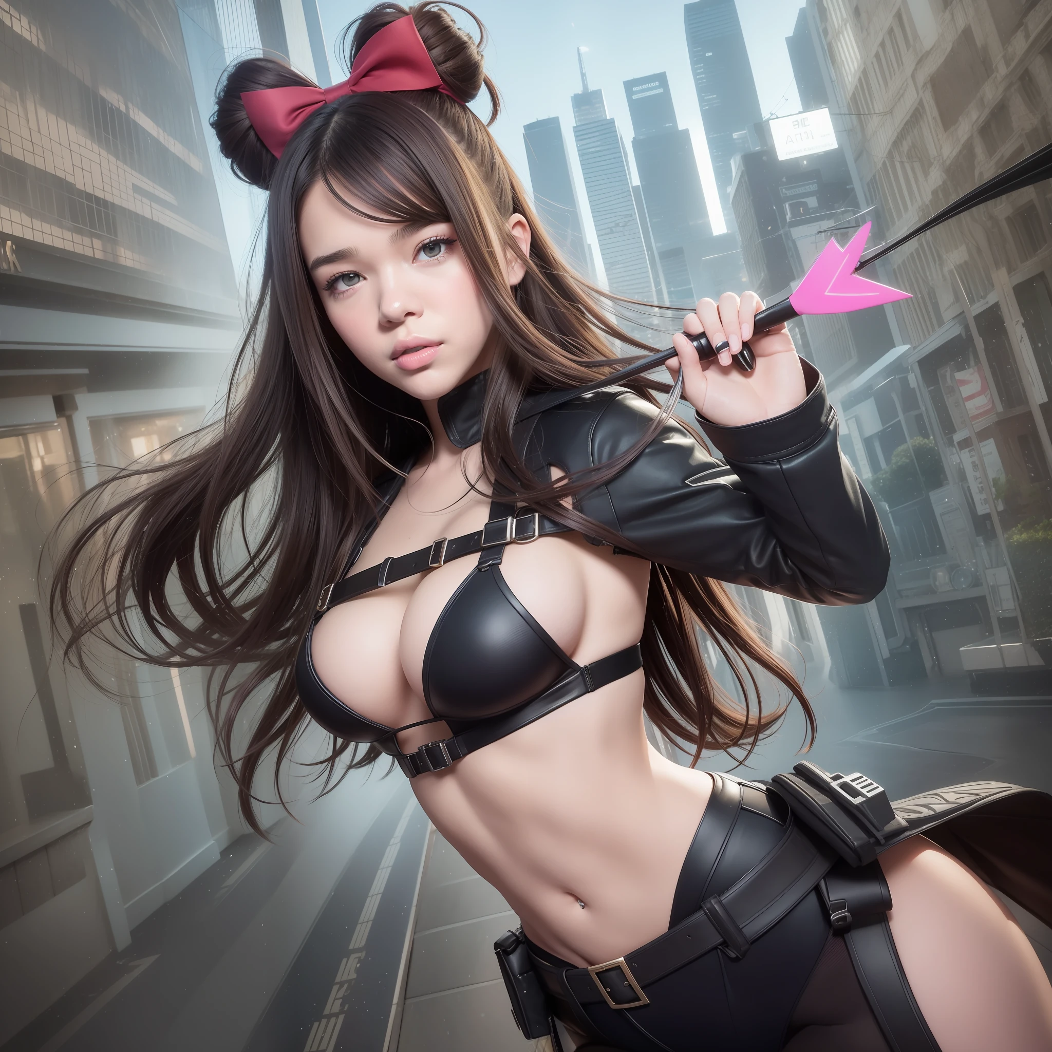 “Hailee Steinfeld”, 22 years old, Photo Realistic, Realistic. 1girl realistic, skin realistic, “Hailee Steinfeld” face, big boobs, Hawkeye girl character, 1 girl holding bows and arrows, detailed eye makeup, puffy eyes, solo, sharp focus, volumetric fog, 8k uhd, dslr, high quality, film grain, photorealism, lomography