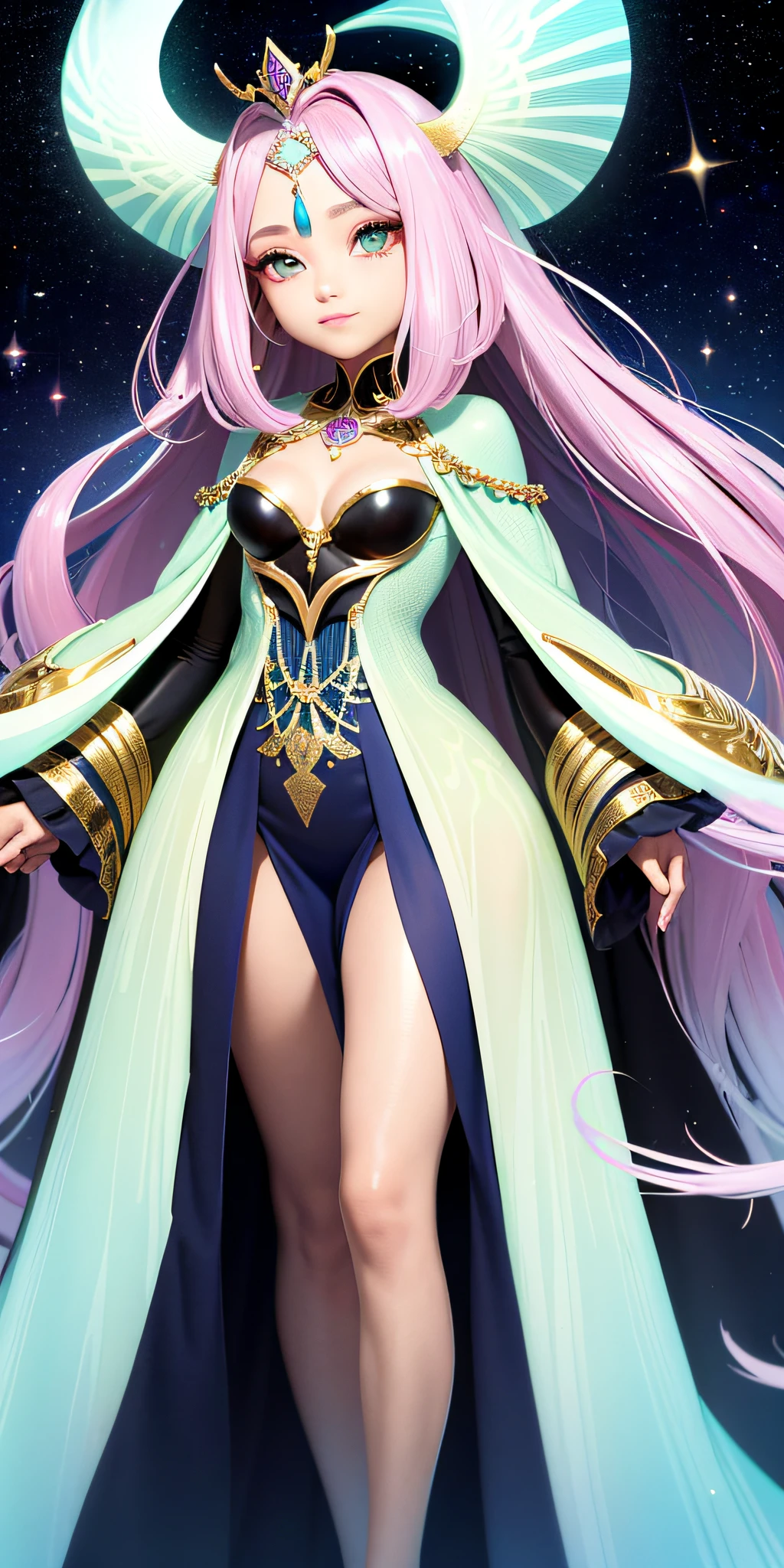 an exotic and iridescent skin, with predominantly bluish and greenish shades. Your skin is covered by a thin, shiny layer, which reflects the light around you, creating a shimmering and enchanting effect.

As for hair, the Empress of Light does not have traditional hair. Instead, she has a majestic and spectacular crest that extends from the top of her head to the base of her back. This ridge is composed of luminous, thread-like filaments that vary in vibrant colors, including shades of gold, purple, and pink.