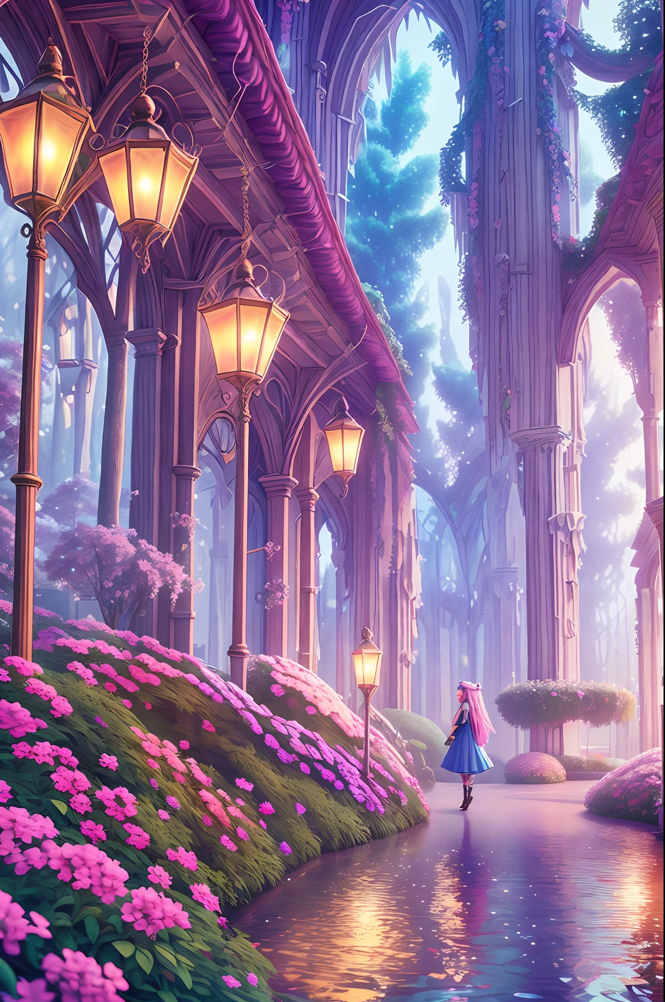 enchanted world made of candy, with a girl with long colored hair, pastel tones environment, lit environment,Cinematic,volumetric, 3d ultrarealistic, –v 4 –q 2 --auto --s2