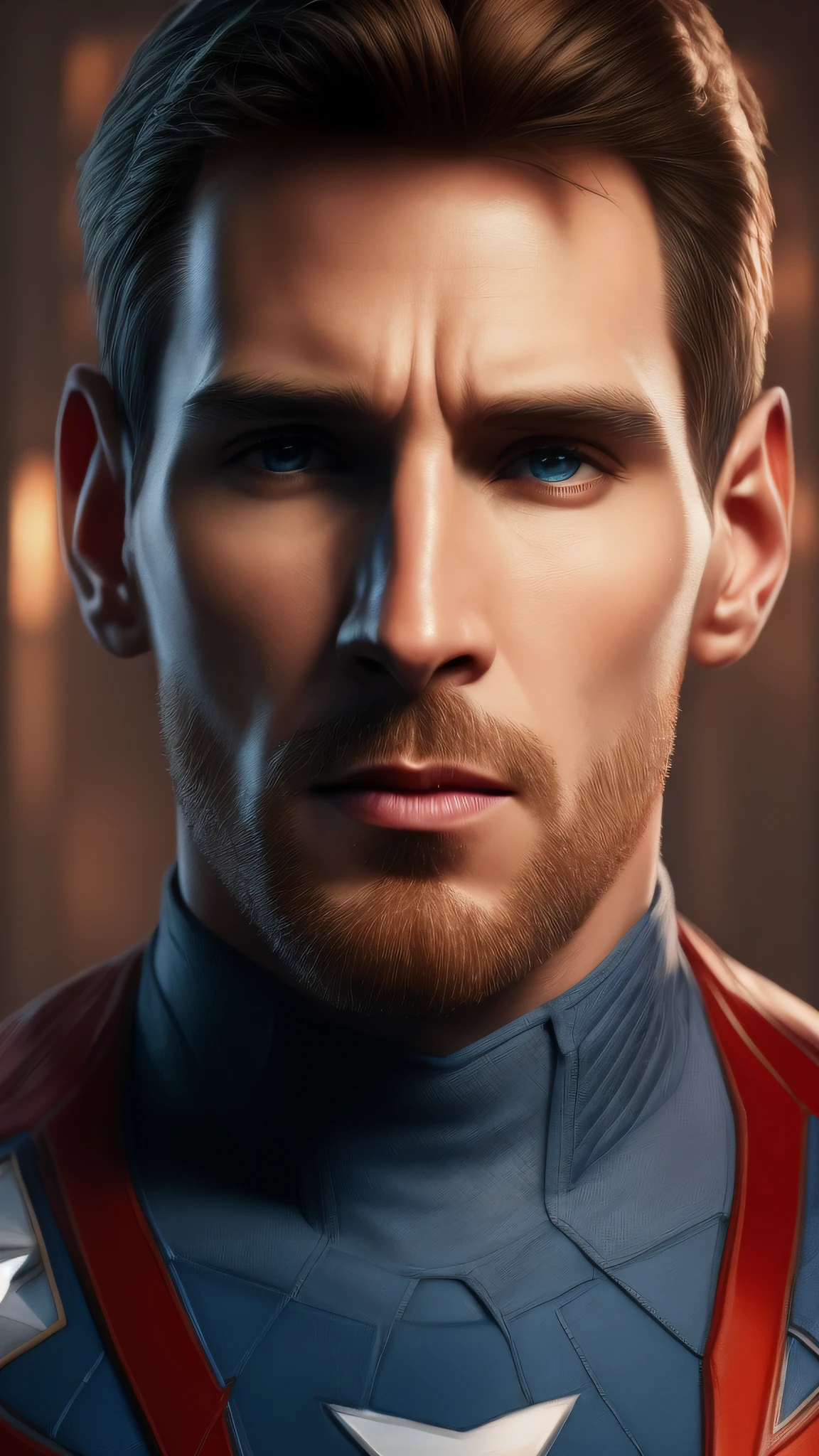. .style Lionel Andrés Messi Cuccittini as Captain America 8k, high definition, detailed face, detailed face, detailed eyes, detailed suit, Marvel and DC style, hyper-realistic, + cinematic plan + dynamic composition, incredibly detailed, sharpness, details + superb details + night with light + perfectionism + award-winning realism ((soft lighting))