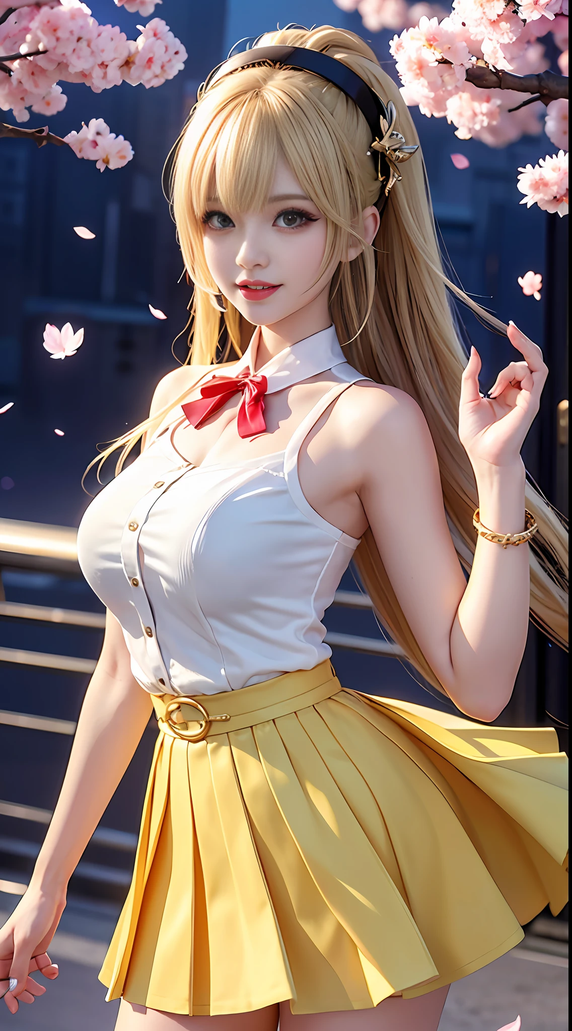 Masterpiece, Superb Piece, Full Body, 1girl, bangs, yellow choker, yellow tie, long blonde hair, yellow skirt, blush, bracelet, choker, waist dress, collarbone, collared shirt, denim photo, dress shirt, ear piercing, eyebrows visible through hair, gradient hair, grin, gyaru, jewelry, kogal, long hair, looking at the audience, loose tie, tie, piercing, pleated skirt, red eyes, ring, school uniform, shirt, skirt, smile, solo, white shirt, street, sky, cherry blossoms, petals, illustration, (magazine: 1.3), (cover style: 1.3), fashion, woman, vibrant, dress, pose, front, colorful, dynamic, background, element, confident, expressive, holding, statement, attachment, majestic, coiled, around, touch, scene, text, cover, bold, eye-catching, title, fashion, font, catchy, title, bigger, eye-catching, modern, fashionable, focused, fashionable, full-body, full-body photo