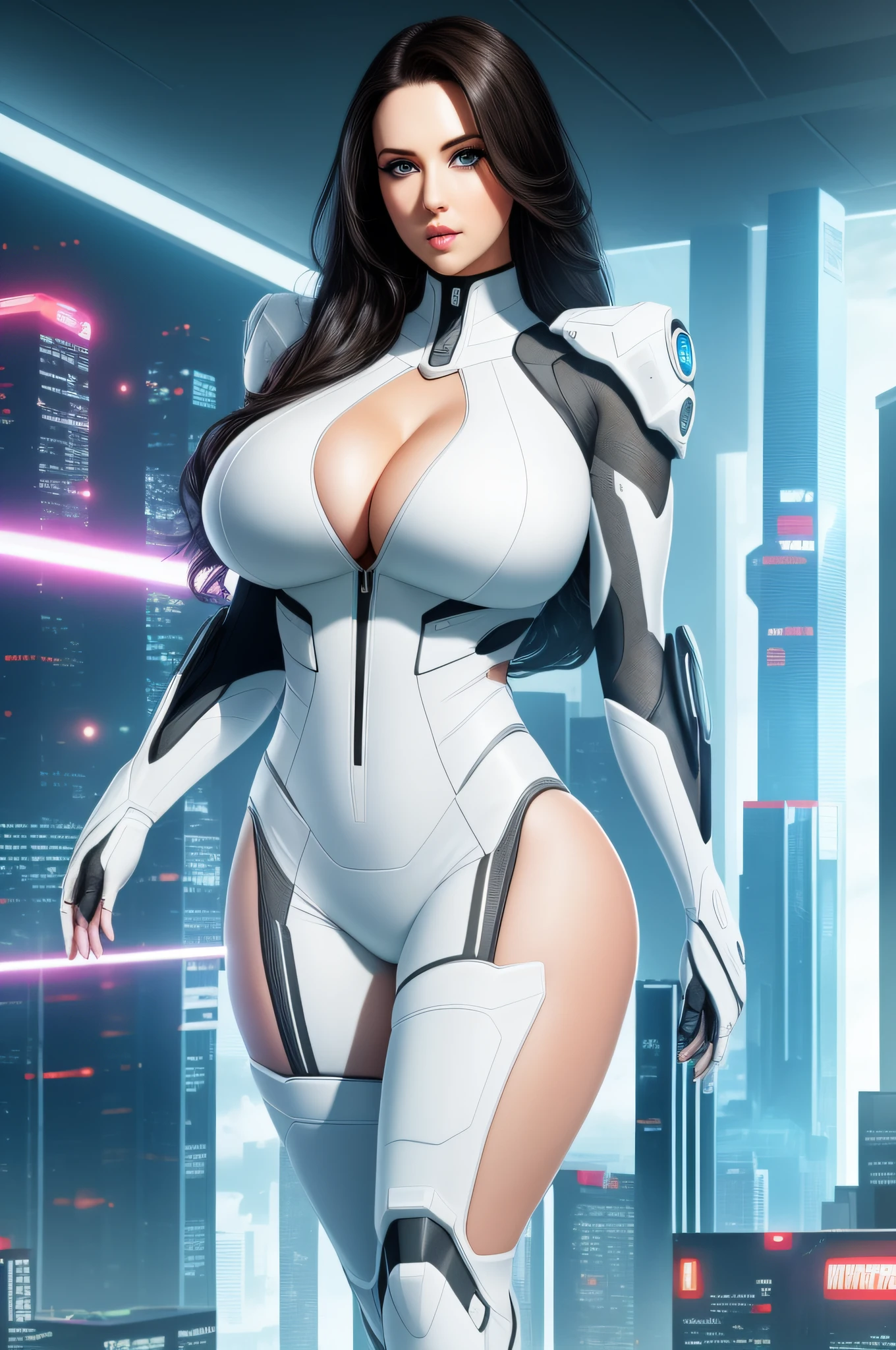 (angela white:1), (as a Exotic superhero), erotic photorealistic picture, (highly detailed infographic), perfect thighs, (gigantic boobs), (cyberpunk bright white outfit), (futuristic cyberpunk city background), sci-fi futuristic benelli shotgun, atmospheric lighting, cinematic composition, lightroom, detailed, 8k wallpaper of the highest quality, sharp focus, CINESTILL 50D, natural light, 8K, highly detailed, ((perfect eyes)), (detailed pupils)