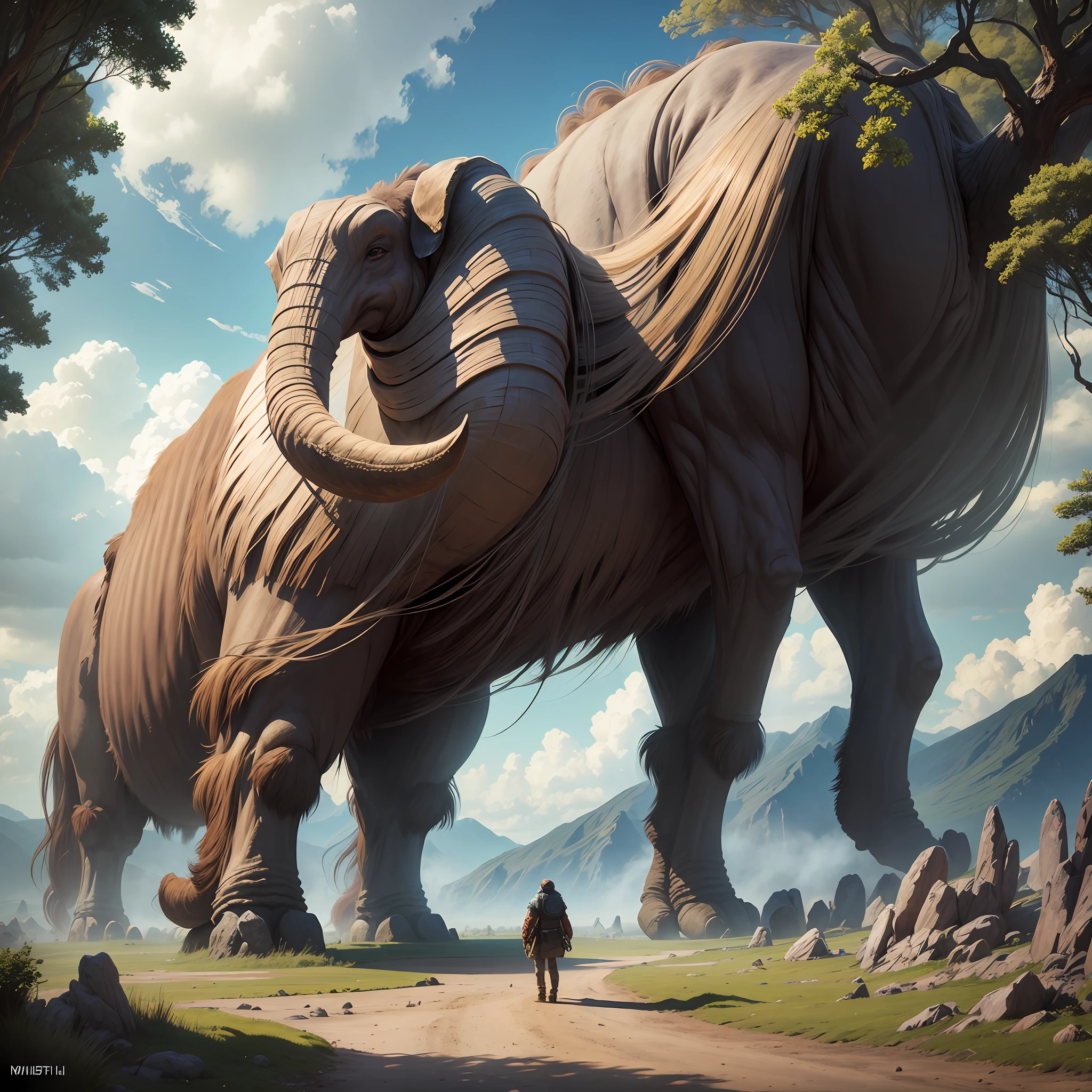 Giant mammoth in an epic and beautiful landscape, foto HDR, magical fantasy aesthetics, fotografia hiper realista, melhor qualidade, 12mm f/16, trending on Flickr --auto --s2