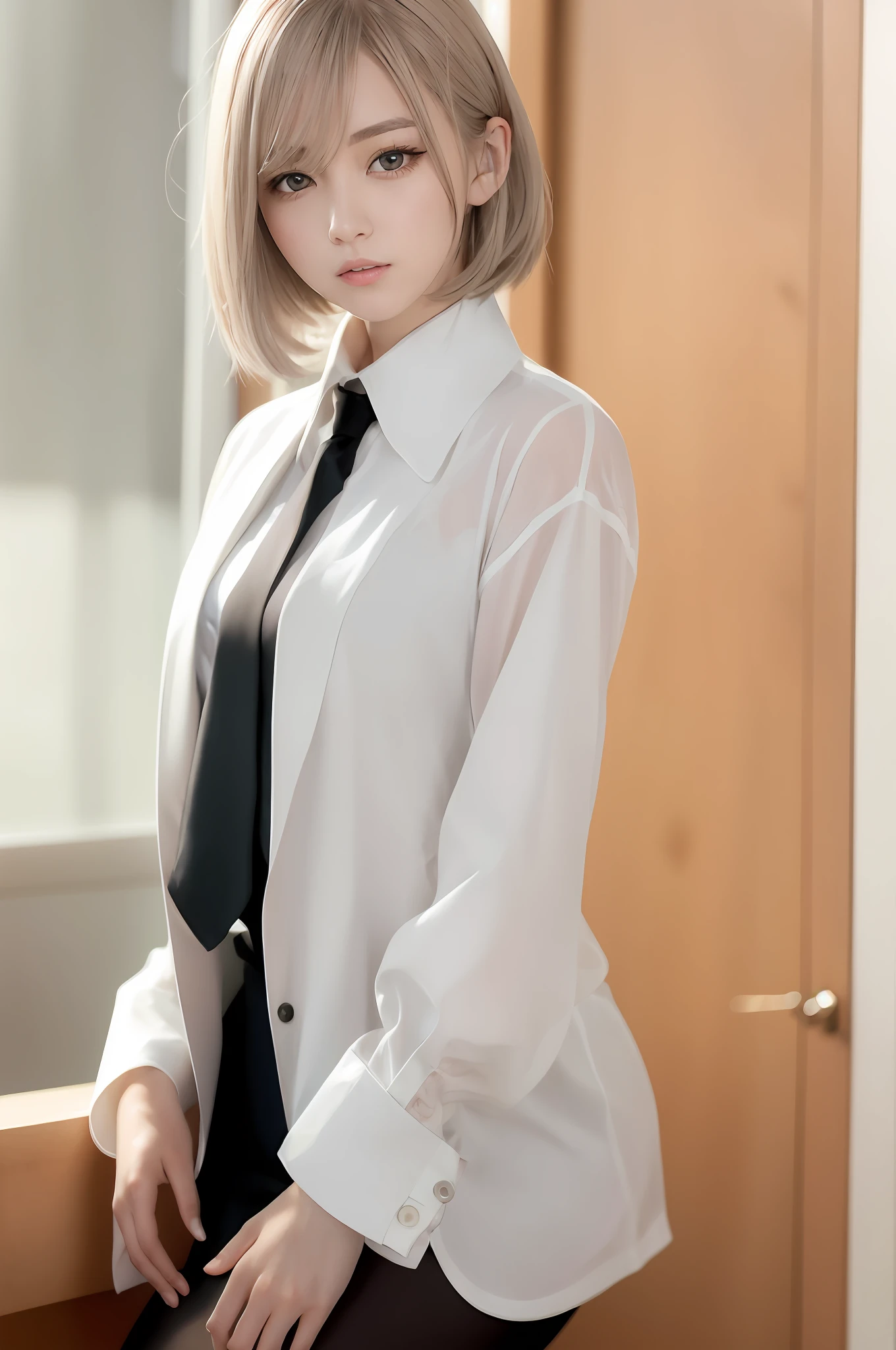 (RAW photo, best quality), (realistic, photo-realistic:1.3), masterpiece, an extremely delicate and beautiful, extremely detailed, CG, unity , 2k wallpaper, Amazing, finely detail, light smile, extremely detailed CG unity 8k wallpaper, huge filesize, ultra-detailed, highres, absurdres, soft light, (((short hair:1.3), short bang, silver hair, floating hair novafrogstyle)), beautiful detailed girl, detailed fingers, extremely detailed eyes and face, beautiful detailed nose, beautiful detailed eyes, long eyelashes, light on face, looking at viewer, (closed mouth:1.2), 1girl, cute, young, mature face, (full body:1.3), realistic face, realistic body, beautiful detailed thigh, (ulzzang-6500-v1.1:0.8), business suit, cross-laced clothes, collared shirt, open clothes, in office, detailed office, open cardigan, black thighhighs,
