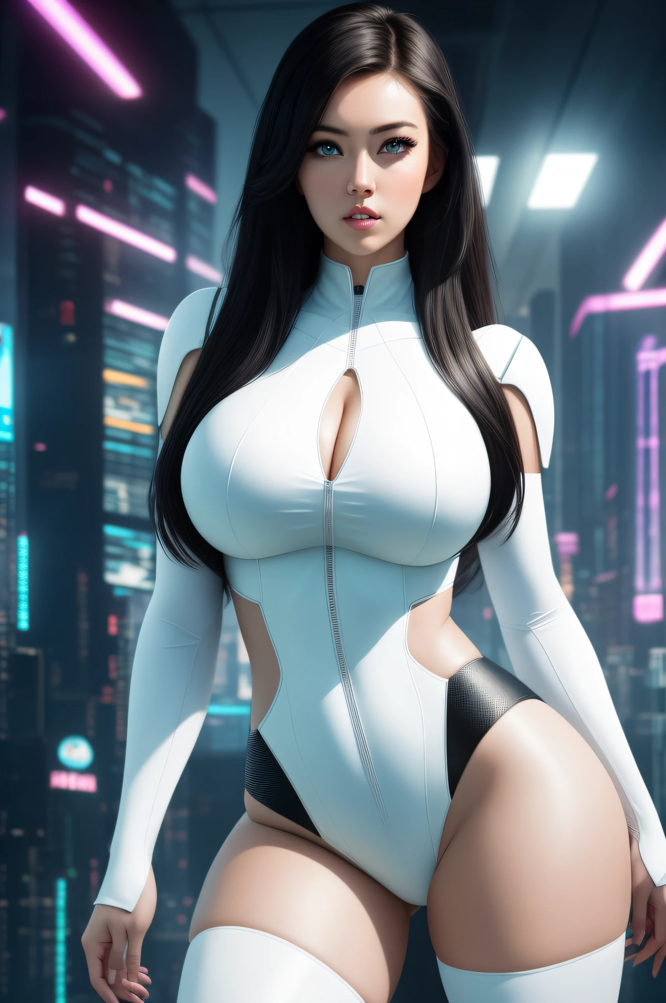 (koh_angelawhite:1), (as a Exotic superhero), erotic photorealistic picture, (highly detailed infographic), perfect thighs, (gigantic boobs), (cyberpunk bright white outfit), (futuristic cyberpunk city background), sci-fi futuristic benelli shotgun, atmospheric lighting, cinematic composition, concept art, lightroom, detailed, 8k wallpaper of the highest quality, sharp focus, CINESTILL 50D, natural light, 8K, highly detailed, ((perfect eyes)), (detailed pupils)