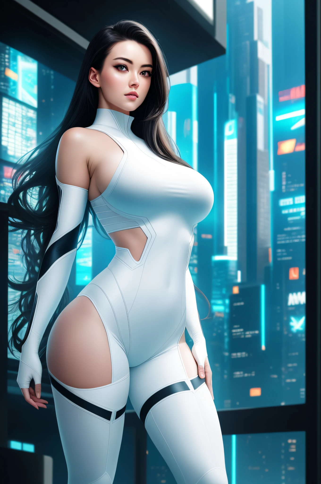 (koh_angelawhite:1), (as a Exotic superhero), erotic photorealistic picture, (highly detailed infographic), perfect thighs, (gigantic boobs), (cyberpunk bright white outfit), (futuristic cyberpunk city background), sci-fi futuristic benelli shotgun, atmospheric lighting, cinematic composition, concept art, lightroom, detailed, 8k wallpaper of the highest quality, sharp focus, CINESTILL 50D, natural light, 8K, highly detailed, ((perfect eyes)), (detailed pupils)
