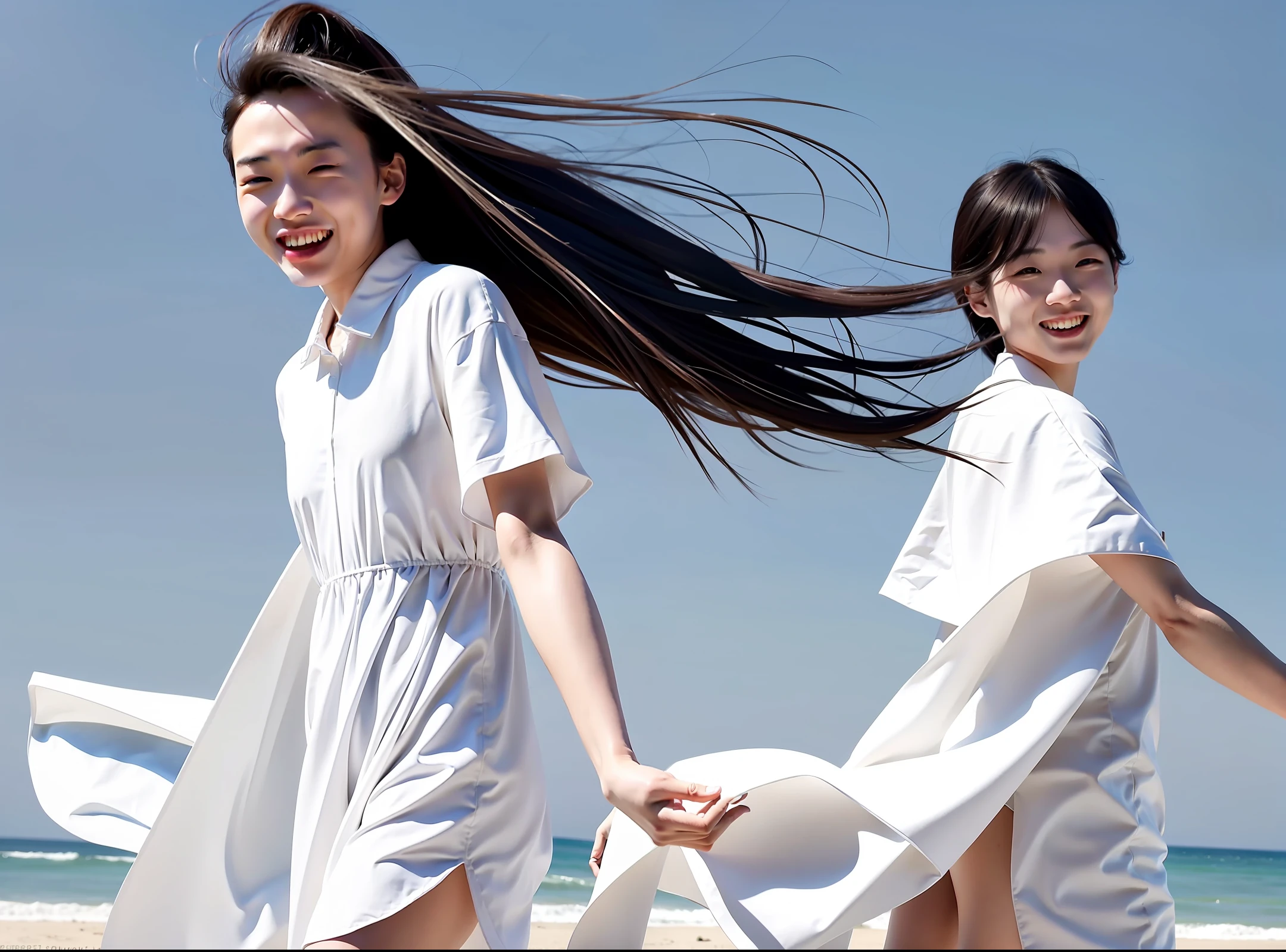 Real man black hair Chinese beauty in white dress blowing wind, smiling, sunny on the beach