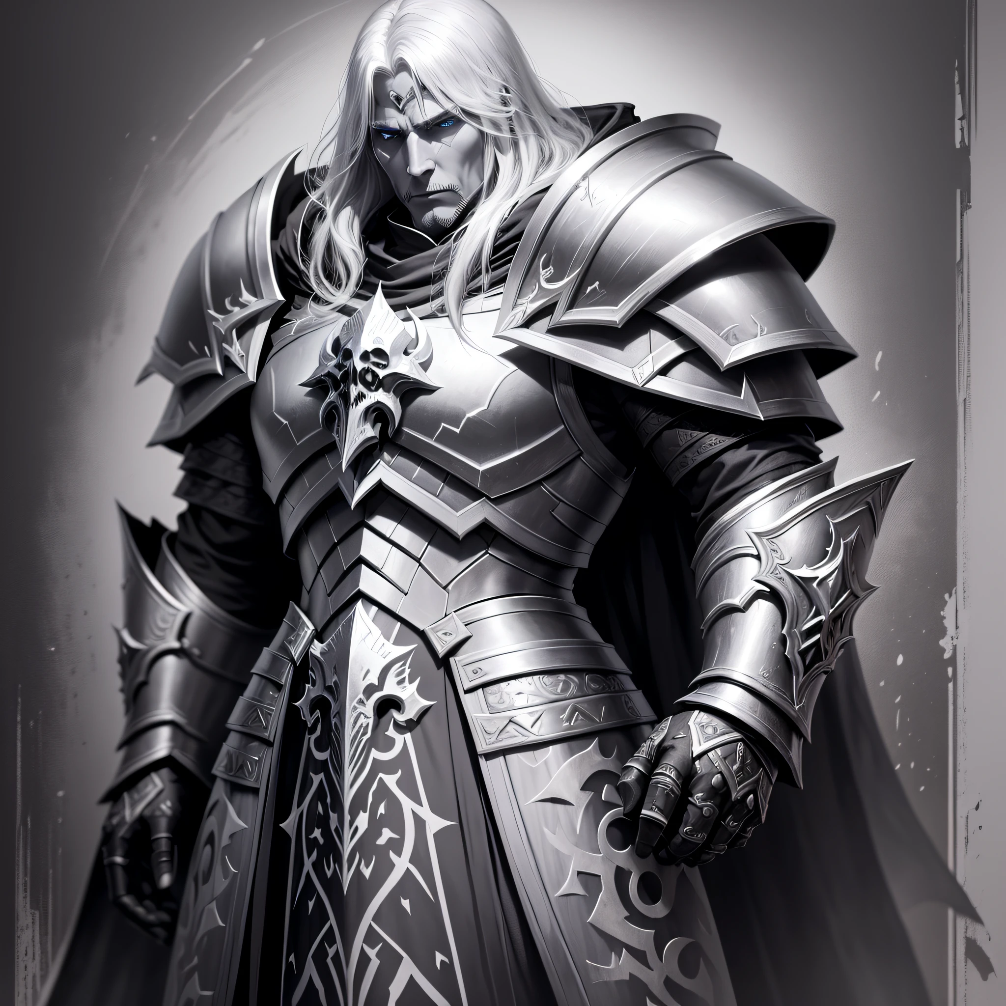 Arthas Menethil in black and white, detailed armor with skulls, with white background --auto --s2