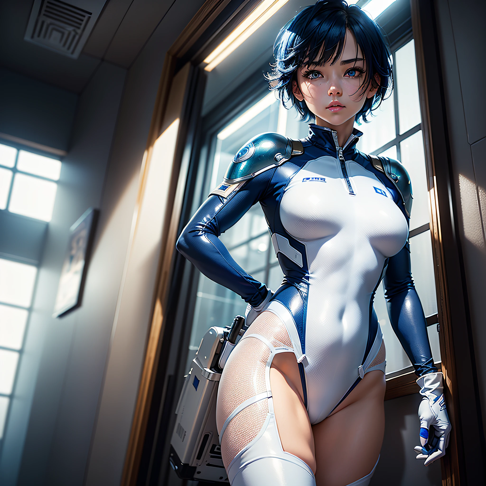 (Masterpiece, Best Quality, Best Resolution, Very Elaborate CG, Cinematic Lighting, Ray Tracing, Drop Shadows, Detail Detail, (Photorealistic), High Quality Textures, Realistic Look, Very Detailed, Sharp, High Quality, Leading Edge, Beautiful Rendering, Dramatic Pose, Detailed Shading): (Solo, Girl Alone, Japan face, short blue hair, cute girl face, short, small size breasts, sparkly blue eyes, eye level shots, pilot suit in white and blue color, tight fit clothes, clothes covering the whole body, beautiful, slim body, heroine, long boots, gloves, supine, open legs)