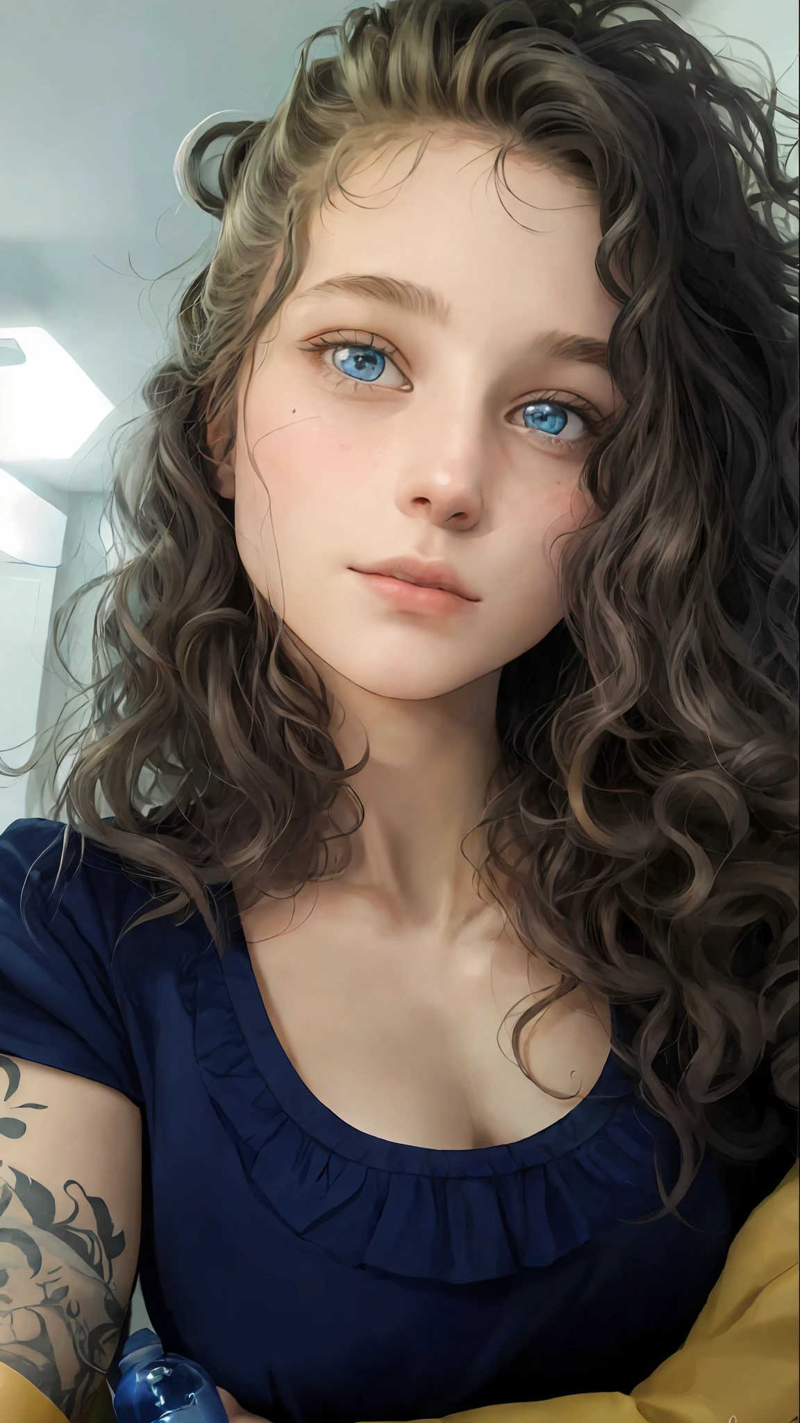 arafed woman with a tattoo on her arm and a bottle of water, 3 0 years old woman, 30 years old woman, 18 years old, no makeup wavy hair, blue symmetric eyes 24yo, 19-year-old girl, curly haired, selfie of a young woman, 1 6 years old, curly, she is 2 3