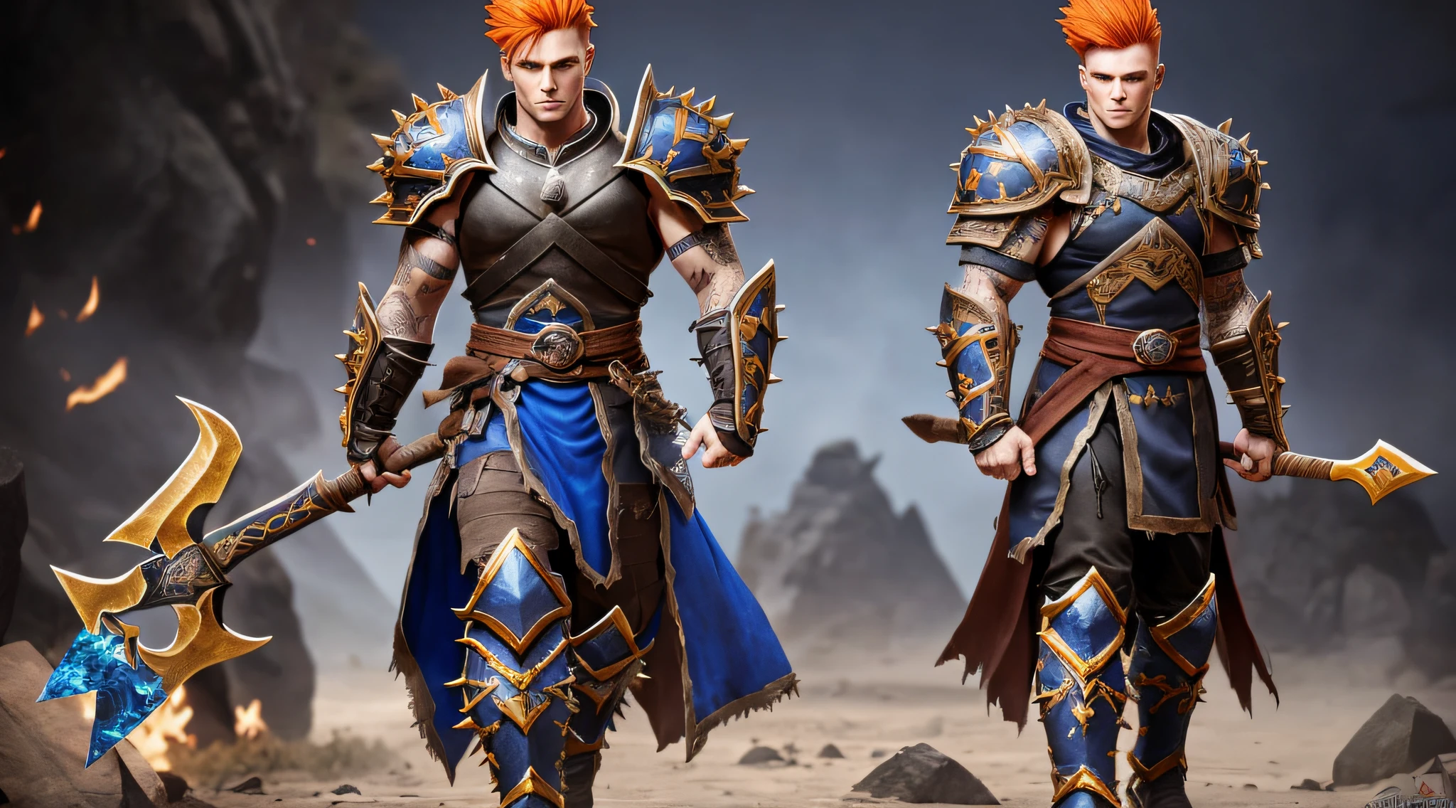 Fighter character from the game Priston Tale, orange hair spiked back, blue eyes, blue markings on the cheeks resembling tattoos, medium height, muscular, red armor with gold and black details, using a two-handed axe in the Gothic style, walking quietly, 3D, hyper realistic, dark tones, attached to the character on the left, in a dark dungeon setting, with shadow creatures watching the character. --auto --s2