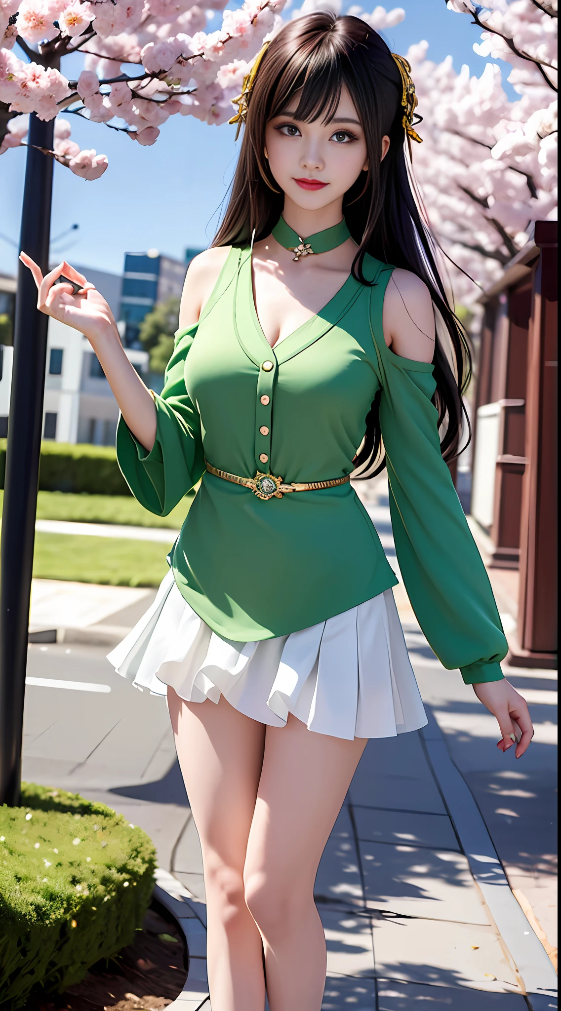 Masterpiece, Superb Piece, Full Body, 1girl, Bangs, Green Choker, Green Tie, Green Long Hair, Green Skirt, Blush, Bracelet, Choker, Waist Dress, Collared, Collared Shirt, Denim Photo, Dress Shirt, Ear Piercing, Eyebrows Visible Through Hair, Gradient Hair, Grin, Gyaru, Jewelry, Kogal, Long Hair, Looking at the Audience, Loose Tie, Tie, Piercing, Pleated Skirt, Red Eyes, Ring, School Uniform, Shirt, Skirt, Smile, Solo, White Shirt, Street, sky, cherry blossoms, petals, illustration, (magazine: 1.3), (cover style: 1.3), fashion, woman, vibrant, dress, pose, front, colorful, dynamic, background, element, confident, expressive, holding, statement, attachment, majestic, coiled, around, touch, scene, text, cover, bold, eye-catching, title, fashion, font, catchy, title, bigger, eye-catching, modern, fashionable, focused, fashionable, full-body, full-body photo