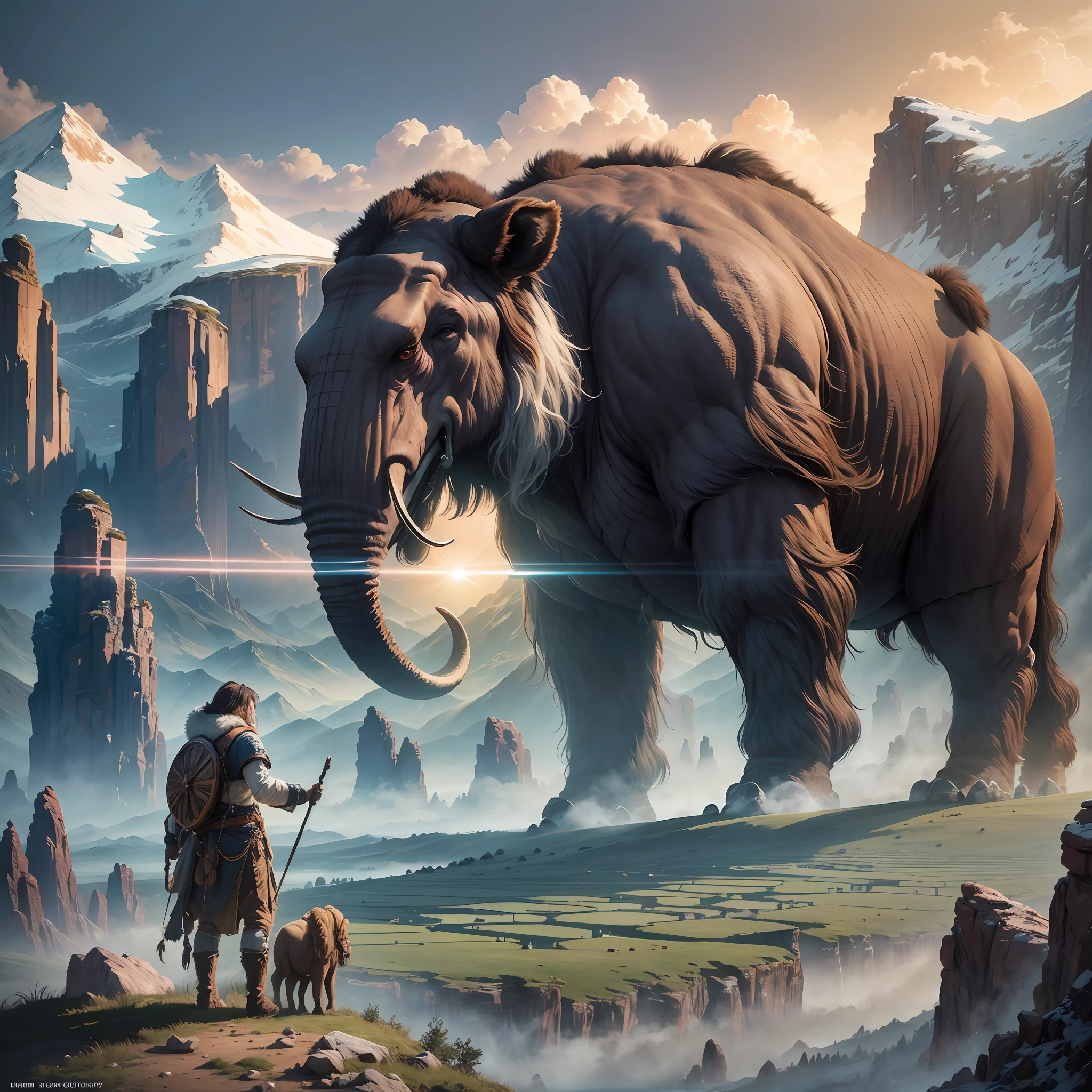 Giant mammoth in an epic and beautiful landscape, HDR photo, ultra realistic aesthetics hyper realistic photography, best quality, 12mm f/16, trend on Flickr --auto --s2