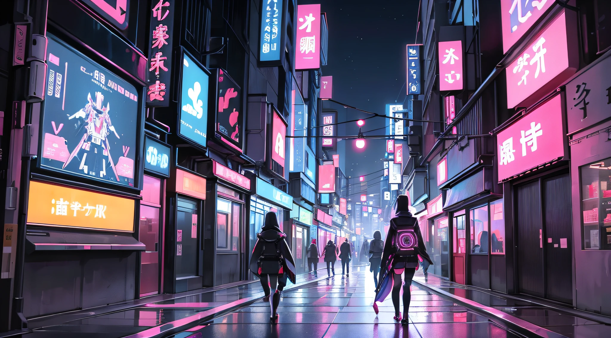 city, night, neon lights, japanese kanjis, myst, distopian future, cyberpunk, robots walking by in a distance, --auto --s2