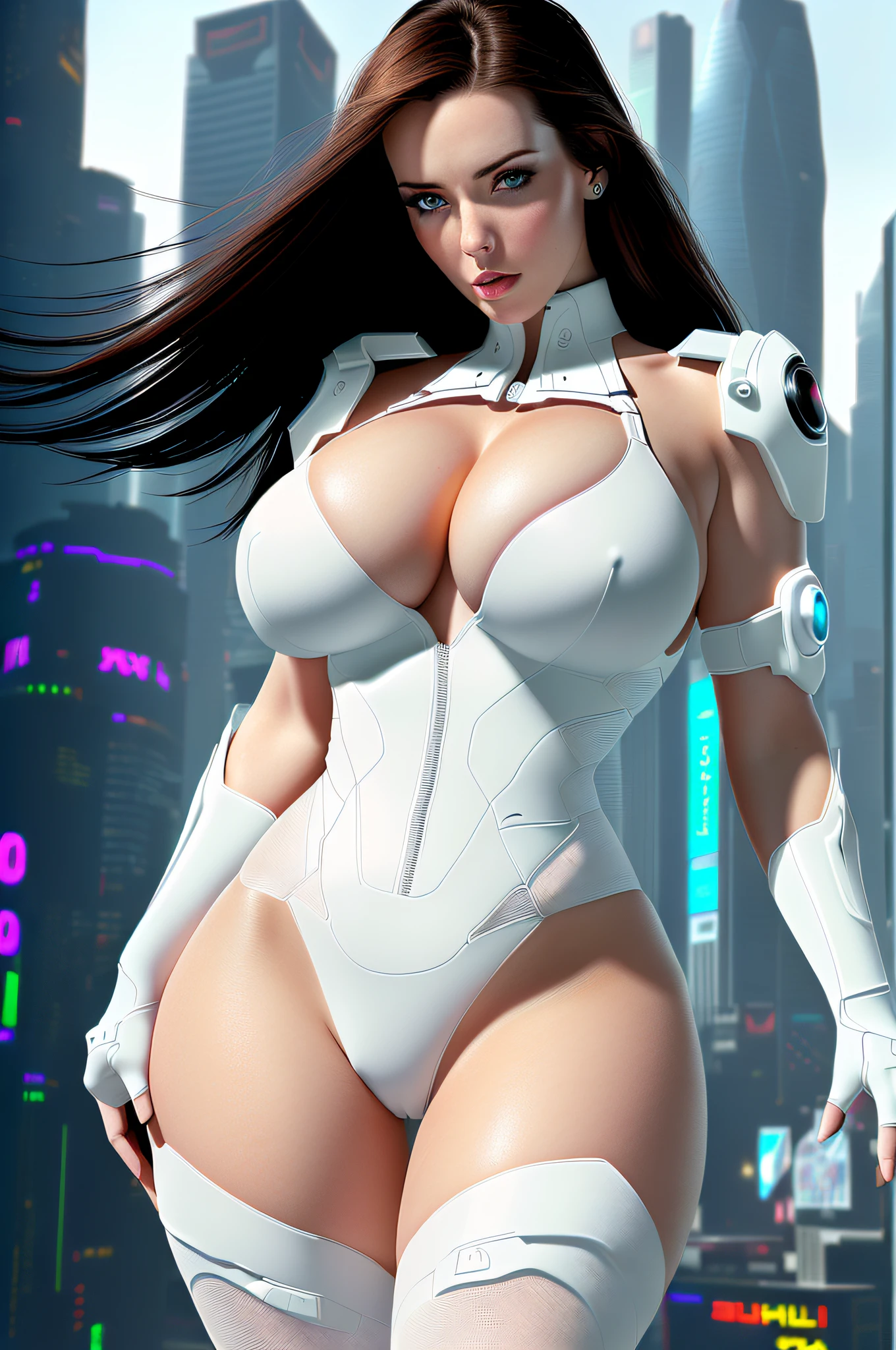 (koh_angelawhite:1), (as a Exotic superhero), erotic photorealistic picture, (highly detailed infographic), perfect thighs, (gigantic boobs), (cyberpunk bright white outfit), (futuristic cyberpunk city background), sci-fi futuristic benelli shotgun, atmospheric lighting, cinematic composition, concept art, lightroom, detailed, 8k wallpaper of the highest quality, sharp focus, CINESTILL 50D, natural light, 8K, highly detailed, ((perfect eyes)), (detailed pupils)