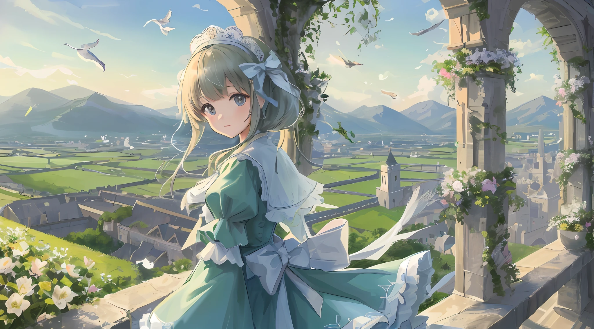 High Detail, Ultra Detail, Ultra High Resolution A cute and innocent girl enjoying her time in open fields with castles in the distance, doves