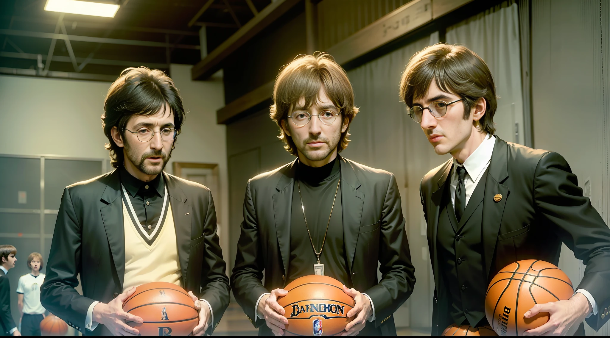 John Lennon, Paul McCartney, George Harrison and Ringo Starr basketball players.