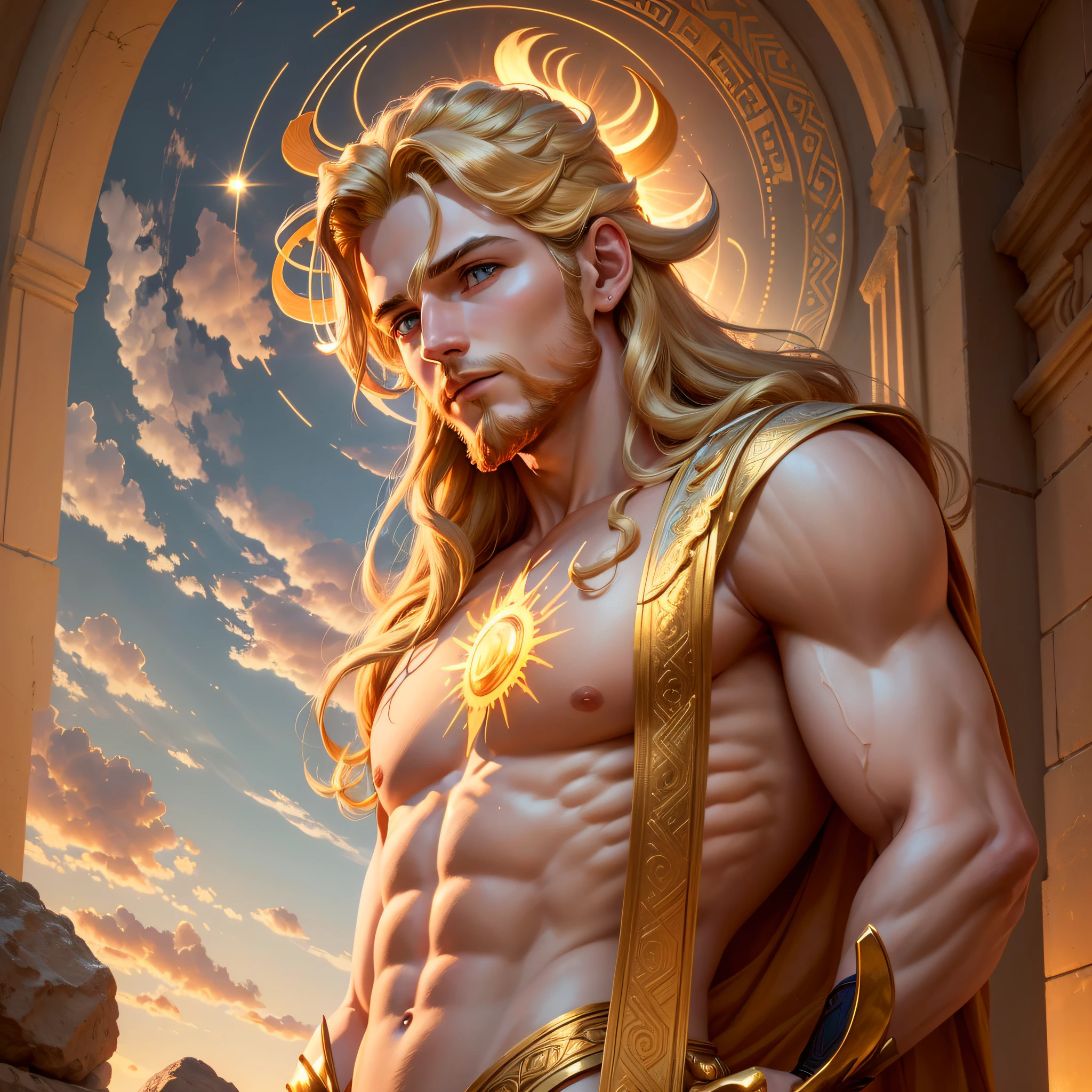(best quality, masterpiece),(nice sky, warm colors, soft lighting),(god Apollo with majestic expression holding sun in his hands, bright skin),(wearing loose and long clothes, light color),golden hair, beard for making golden, bright halo around Apollo's head) set body, 8k, majestic --auto --s2