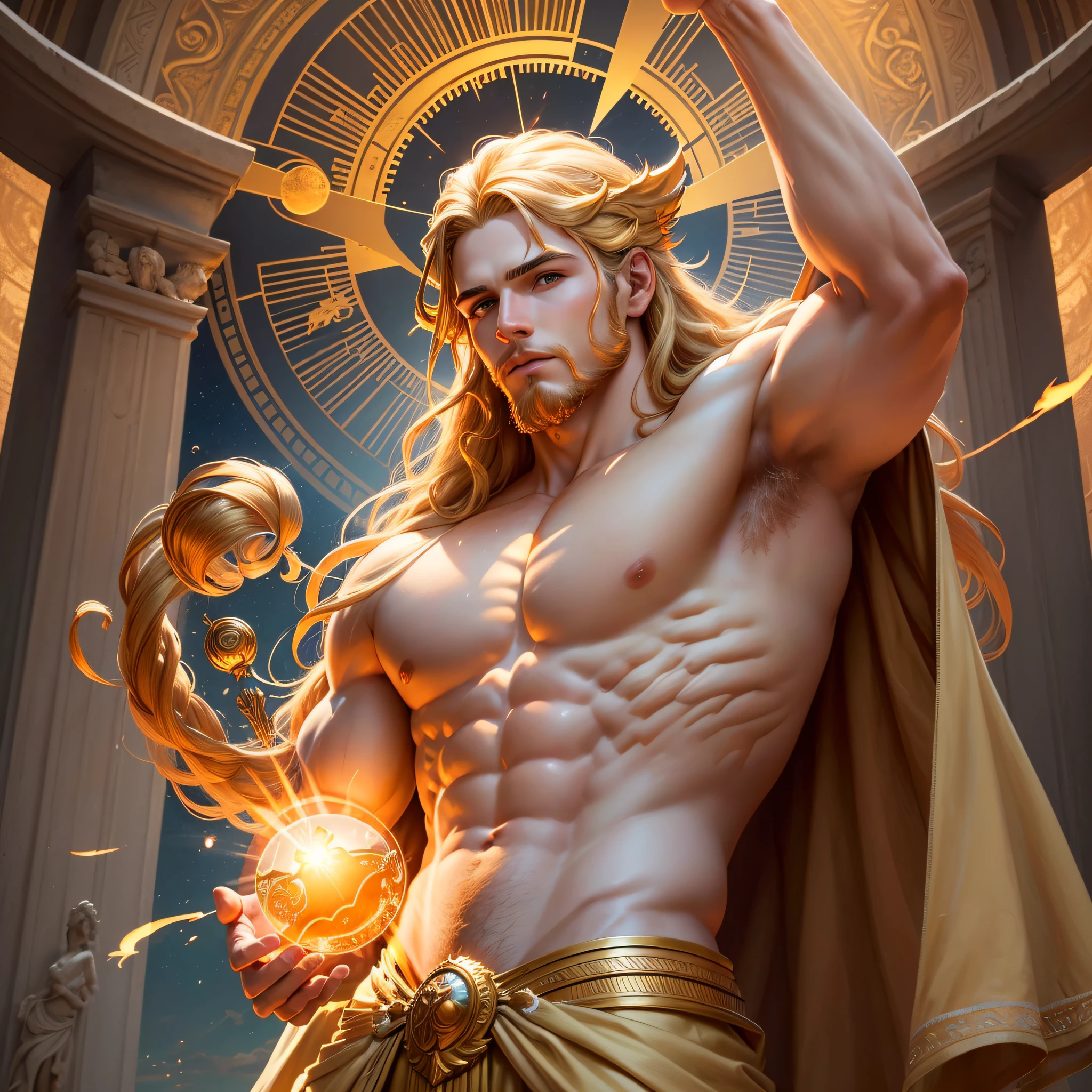 (best quality, masterpiece),(nice sky, warm colors, soft lighting),(god Apollo with majestic expression holding sun in his hands, bright skin),(wearing loose and long clothes, light color),golden hair, beard for making golden, bright halo around Apollo's head) set body, 8k, majestic --auto --s2
