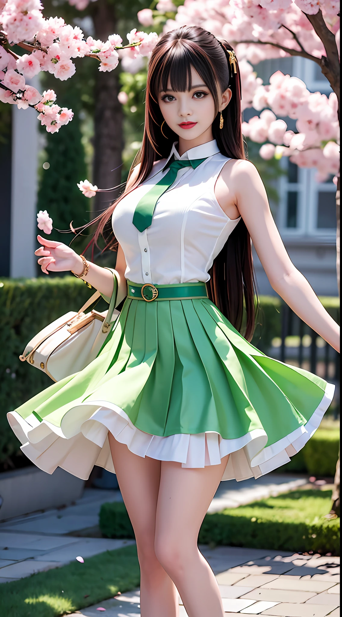 Masterpiece, Superb Piece, Full Body, 1girl, Bangs, Green Choker, Green Tie, Green Long Hair, Green Skirt, Blush, Bracelet, Choker, Waist Dress, Collared, Collared Shirt, Denim Photo, Dress Shirt, Ear Piercing, Eyebrows Visible Through Hair, Gradient Hair, Grin, Gyaru, Jewelry, Kogal, Long Hair, Looking at the Audience, Loose Tie, Tie, Piercing, Pleated Skirt, Red Eyes, Ring, School Uniform, Shirt, Skirt, Smile, Solo, White Shirt, Street, sky, cherry blossoms, petals, illustration, (magazine: 1.3), (cover style: 1.3), fashion, woman, vibrant, dress, pose, front, colorful, dynamic, background, element, confident, expressive, holding, statement, attachment, majestic, coiled, around, touch, scene, text, cover, bold, eye-catching, title, fashion, font, catchy, title, bigger, eye-catching, modern, fashionable, focused, fashionable, full-body, full-body photo