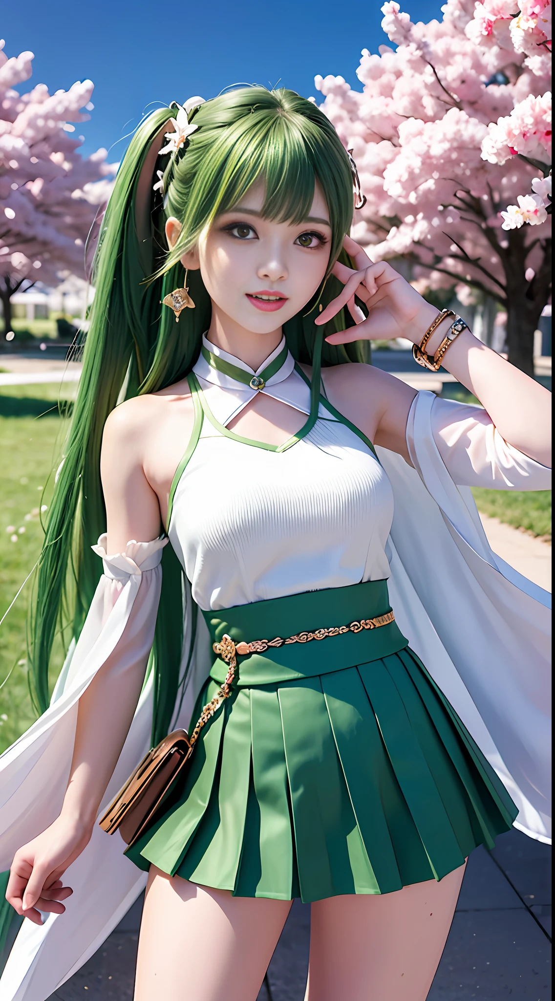 Masterpiece, Superb Piece, Full Body, 1girl, Bangs, Green Choker, Green Tie, Green Long Hair, Green Skirt, Blush, Bracelet, Choker, Waist Dress, Collared, Collared Shirt, Denim Photo, Dress Shirt, Ear Piercing, Eyebrows Visible Through Hair, Gradient Hair, Grin, Gyaru, Jewelry, Kogal, Long Hair, Looking at the Audience, Loose Tie, Tie, Piercing, Pleated Skirt, Red Eyes, Ring, School Uniform, Shirt, Skirt, Smile, Solo, White Shirt, Street, sky, cherry blossoms, petals, illustration, (magazine: 1.3), (cover style: 1.3), fashion, woman, vibrant, dress, pose, front, colorful, dynamic, background, element, confident, expressive, holding, statement, attachment, majestic, coiled, around, touch, scene, text, cover, bold, eye-catching, title, fashion, font, catchy, title, bigger, eye-catching, modern, fashionable, focused, fashionable, full-body, full-body photo