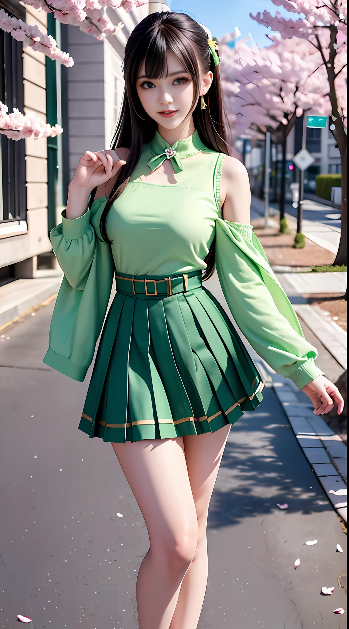 Masterpiece, Superb Piece, Full Body, 1girl, Bangs, Green Choker, Green Tie, Green Long Hair, Green Skirt, Blush, Bracelet, Choker, Waist Dress, Collared, Collared Shirt, Denim Photo, Dress Shirt, Ear Piercing, Eyebrows Visible Through Hair, Gradient Hair, Grin, Gyaru, Jewelry, Kogal, Long Hair, Looking at the Audience, Loose Tie, Tie, Piercing, Pleated Skirt, Red Eyes, Ring, School Uniform, Shirt, Skirt, Smile, Solo, White Shirt, Street, sky, cherry blossoms, petals, illustration, (magazine: 1.3), (cover style: 1.3), fashion, woman, vibrant, dress, pose, front, colorful, dynamic, background, element, confident, expressive, holding, statement, attachment, majestic, coiled, around, touch, scene, text, cover, bold, eye-catching, title, fashion, font, catchy, title, bigger, eye-catching, modern, fashionable, focused, fashionable, full-body, full-body photo