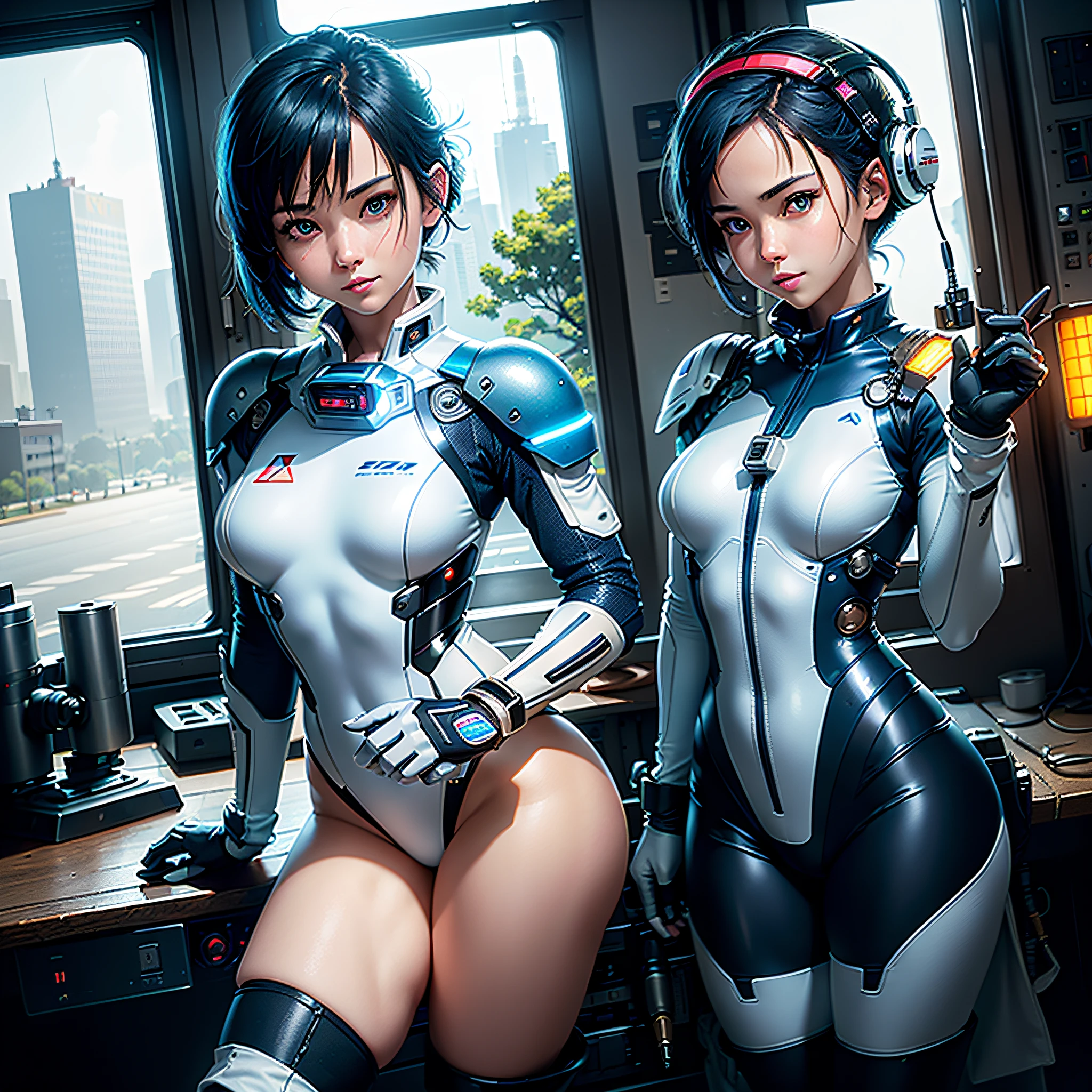 (Masterpiece, Best Quality, Best Resolution, Very Elaborate CG, Cinematic Lighting, Ray Tracing, Drop Shadows, Detail Detail, (Photorealistic), High Quality Textures, Realistic Look, Very Detailed, Sharp, High Quality, Leading Edge, Beautiful Rendering, Dramatic Pose, Detailed Shading): (Solo, Girl Alone, Japan face, short blue hair, cute girl face, short, small size breasts, sparkly blue eyes, eye level shots, pilot suit in white and blue color, tight-fitting clothes, clothes covering the whole body, light grin smile, beautiful, slim body, exoskeleton, heroine, headset, long boots, gloves, airplane control panel, tools, radar display, Touch panel, various indicators, levers, computer keyboard, mouse, warning light, fuel gauge, pressure gauge, base outside the window, control stick, thick manual, wireless communication device)