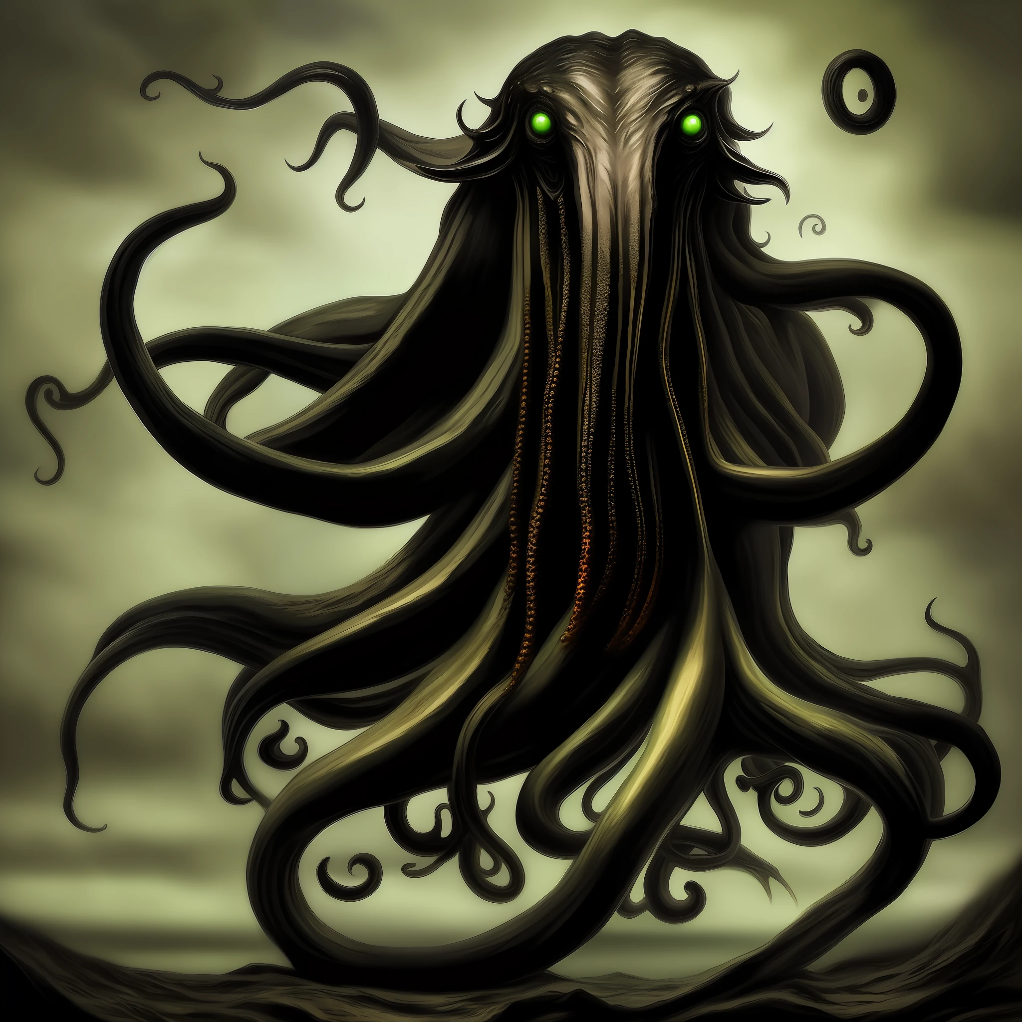 Cthulhu, horror style, horror, gothic, dark, dark, big monster Cthulhu, realistic, masterpiece, giant squid Cthulhu, psychological terror.