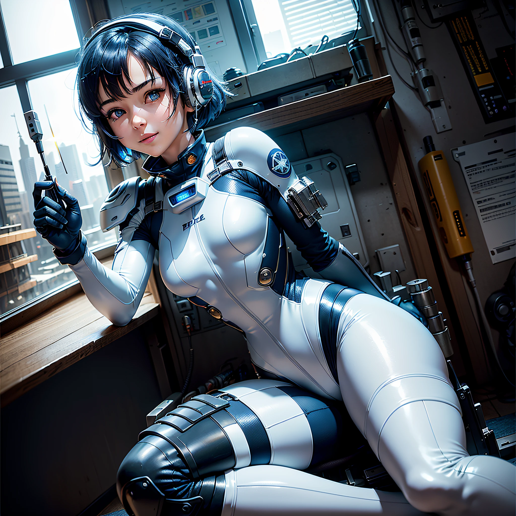 (Masterpiece, Best Quality, Best Resolution, Very Elaborate CG, Cinematic Lighting, Ray Tracing, Drop Shadows, Detail Detail, (Photorealistic), High Quality Textures, Realistic Look, Very Detailed, Sharp, High Quality, Leading Edge, Beautiful Rendering, Dramatic Pose, Detailed Shading): (Solo, Girl Alone, Japan face, short blue hair, cute girl face, short, small size breasts, sparkly blue eyes, eye level shots, pilot suit in white and blue color, tight-fitting clothes, clothes covering the whole body, light grin smile, beautiful, slim body, exoskeleton, heroine, headset, long boots, gloves, airplane control panel, tools, radar display, Touch panel, various indicators, levers, computer keyboard, mouse, warning light, fuel gauge, pressure gauge, base outside the window, control stick, thick manual, wireless communication device)