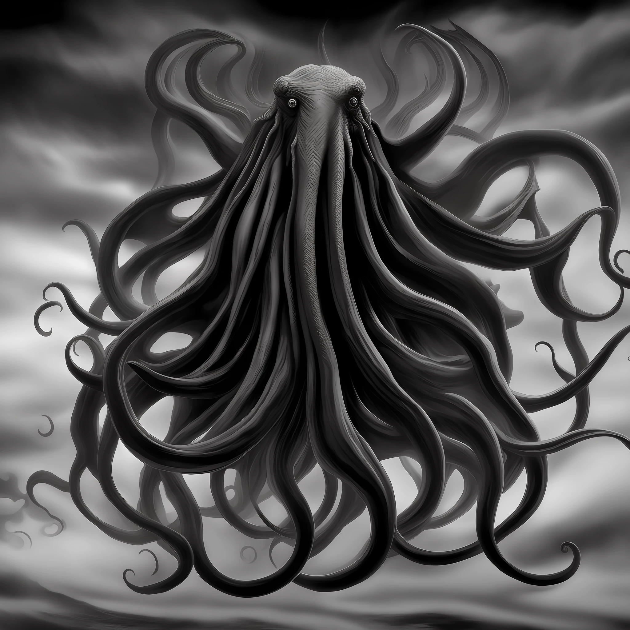Cthulhu, horror style, horror, gothic, dark, dark, big monster Cthulhu, realistic, masterpiece, giant squid Cthulhu, psychological terror.