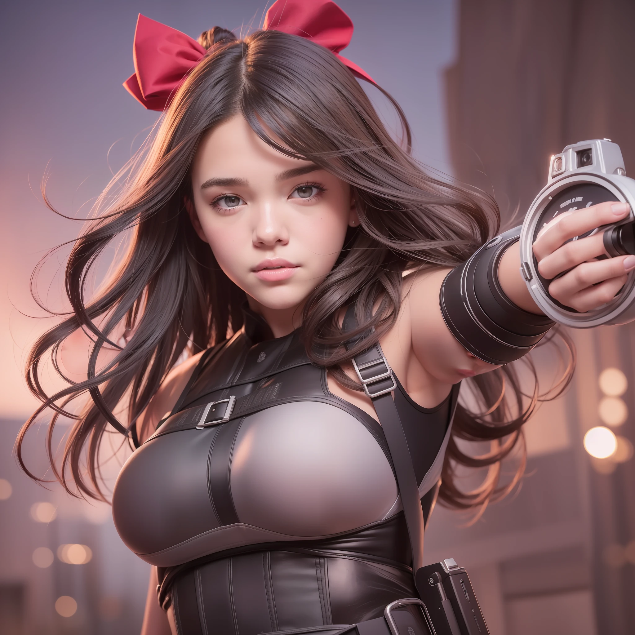“Hailee Steinfeld”, 22 years old, Photo Realistic, Realistic. 1girl realistic, skin realistic, “Hailee Steinfeld” face, big boobs, Hawkeye girl character, holding bows and arrows, to aim at the enemy, a discreet suit, detailed eye makeup, puffy eyes, solo, sharp focus, volumetric fog, 8k uhd, dslr, high quality, film grain, photorealism, lomography,