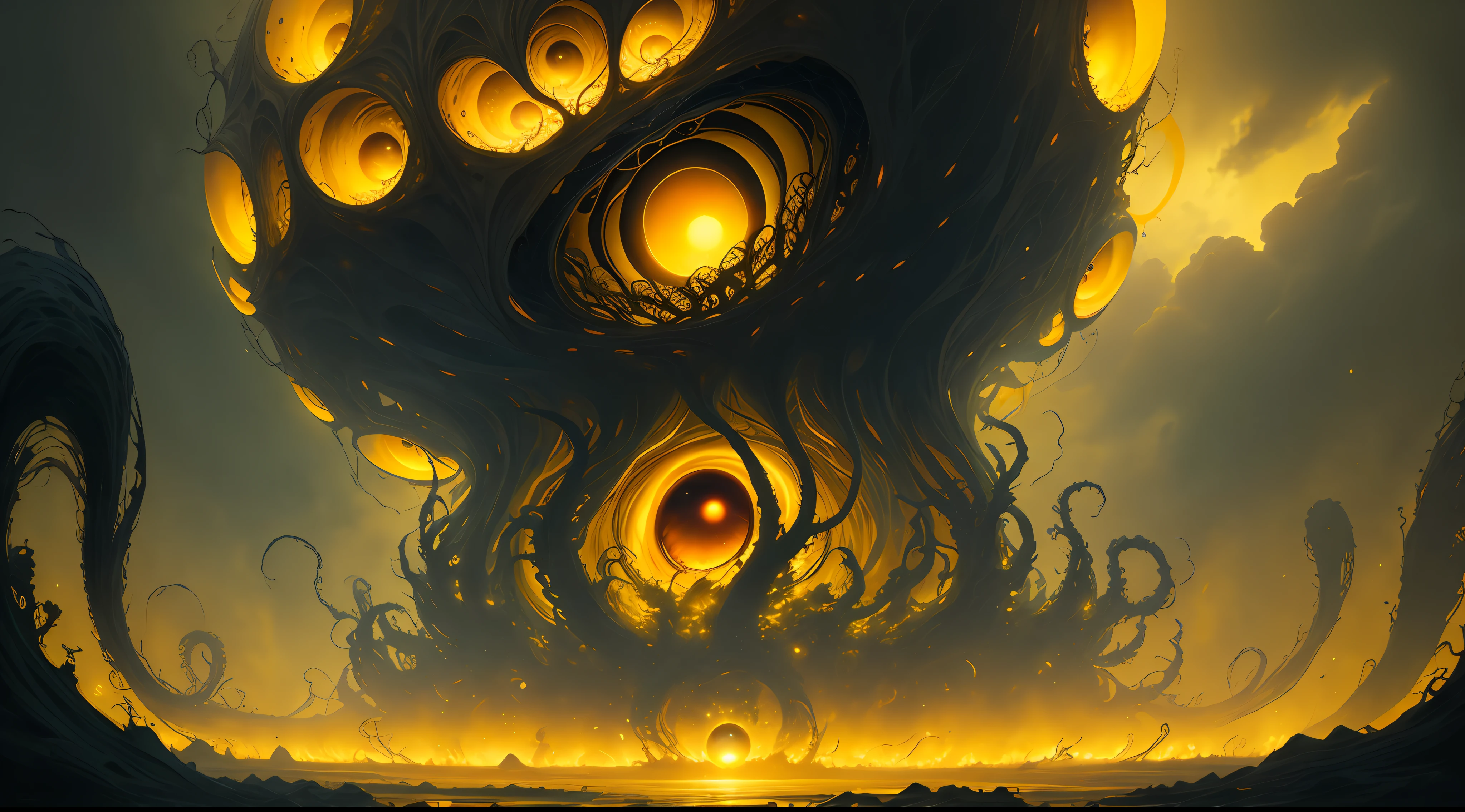 cosmic horror, a monstrous giant eye in the sky, with tentacles, yellow and black, horror, dark mood, dark ambient, in a yellow tentacles dark world