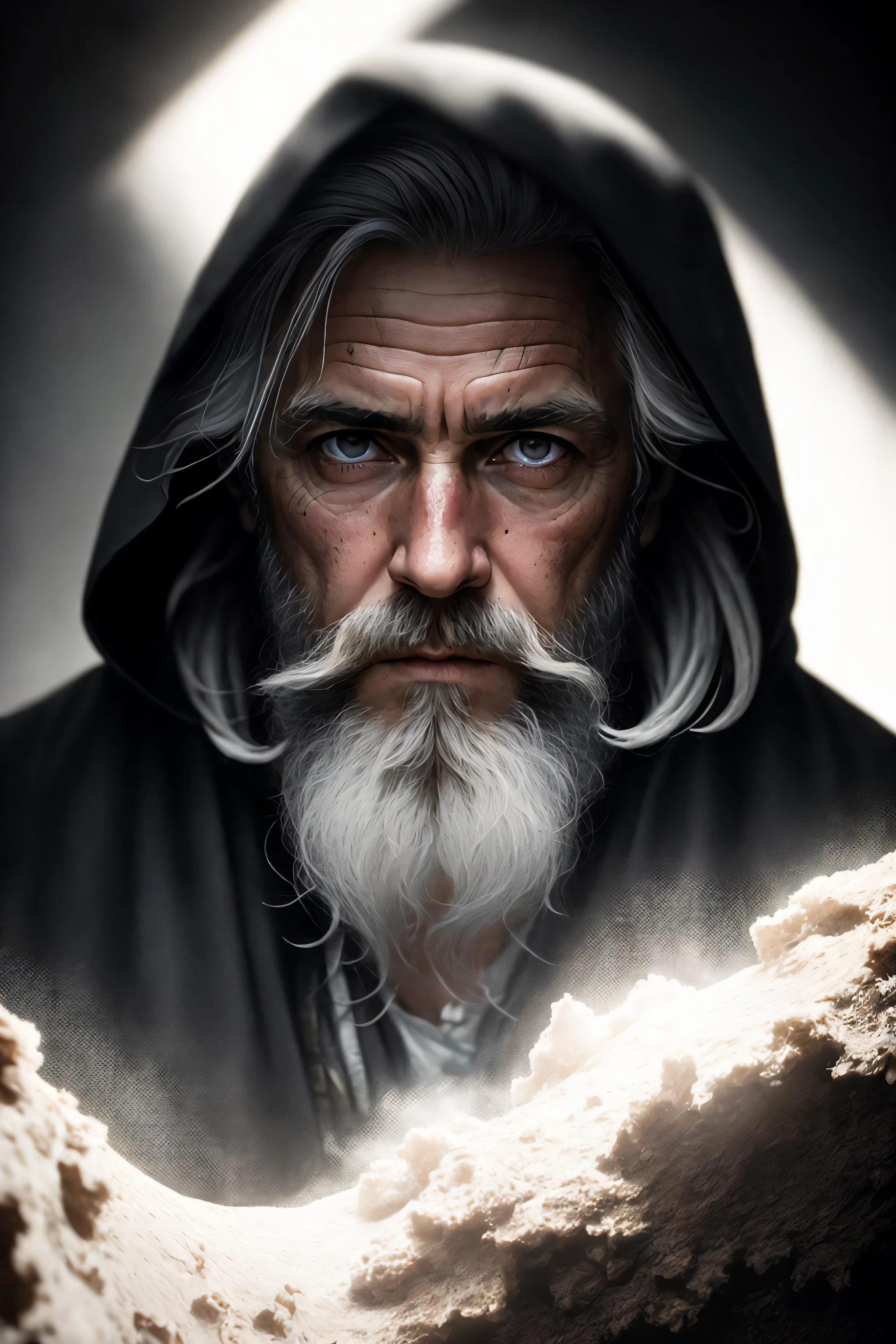 photo, old evil hermit, medieval, piercing_deep-set_eyes, wrinkled face, dark_stichted_cloak, (dramatic lighting:1.25), (shadowy background:1.2), (dirty_ unkempt_gray_hair:1.2), (long_shaggy_beard:1.3), (faded colors:1.1), (sharp focus:1.1), (shadows:1.2), (subtle HDR:1.3), (realistic skin texture:1.25), (detailed hair:1.2), (gritty texture:1.1), (cinematic look:1.2), (powerful pose:1.3), (blush:0.5), (goosebumps:0.5), subsurface scattering, detailed_grey_eyes