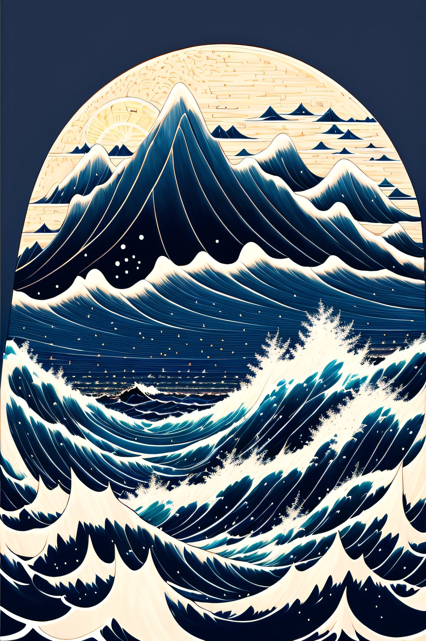 Intricate painting of a detailed ocean, japanese, distant ships on the horizon, by range murata, a big dark blue moon in the background, night, sparse clouds, vivid colors, high contrast, mountain scape, vector line art, trending in pixiv, anime concept art, awesome, matte, high quality, edge-to-edge, NO borders, van gogh