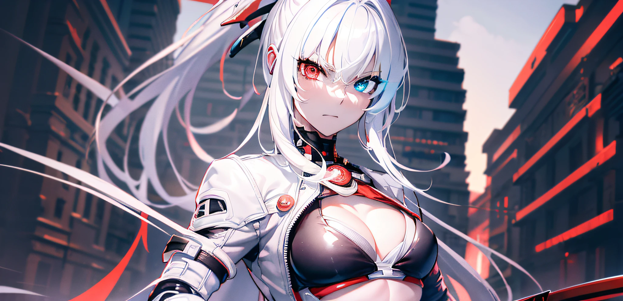 (burning city in the background:1.2), blurry background, looking forward full body, silver hair, long ponytail, white jacket open, black bikini, visible abdomen, photo from the waist up, volumetric lighting, white jacket, red katana on the back, multicolored eyes, (blue and red heterochromia1.4), detailed eyes, hyper detailed, serious face, slightly irritated, highly detailed,  beautiful, small details, ultra detailed, best quality, intricate, hyper-realism, sharp, digital illustration, detailed, realism, intricate, 4k, 8k, trends in the arts station, good anatomy, beautiful lighting, award-winning, photorealistic, realistic shadows, realistic lighting, beautiful lighting, raytracing, intricate details, grumpy, rule of thirds, masterpiece, (illustration: 1.1), high resolution, (extremely detailed CG, unit, wallpaper 8k: 1.1), beautiful face,  highly detailed face, ultra realistic, masterpiece, bokeh, extremely detailed, intricate, abdomen, small breasts, thin, colorful, vibrant colors, front view, small breasts, abdomen