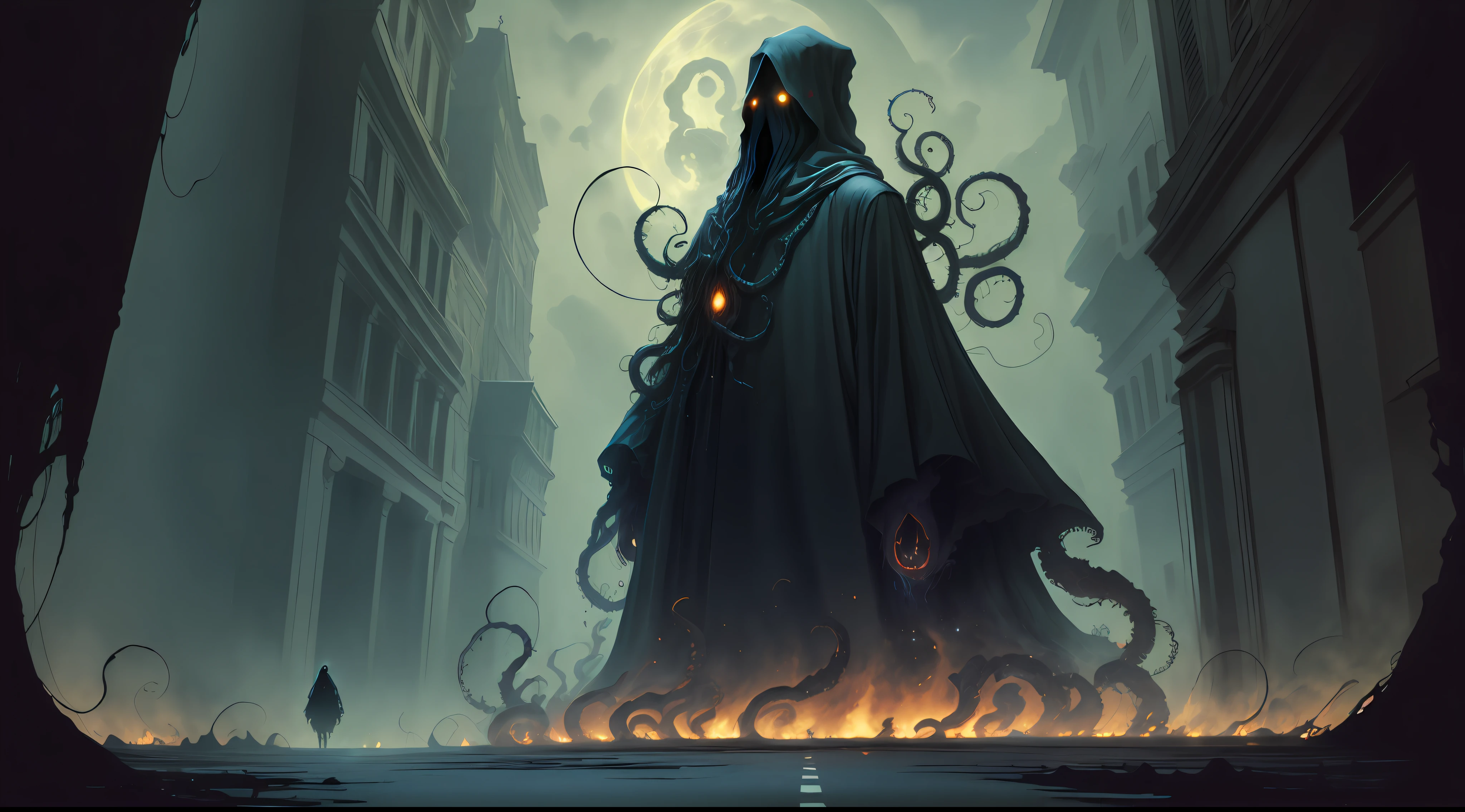 cosmic horror, a black shadow monster in a road, with tentacles, dark black, horror, dark mood, dark ambient, dark night