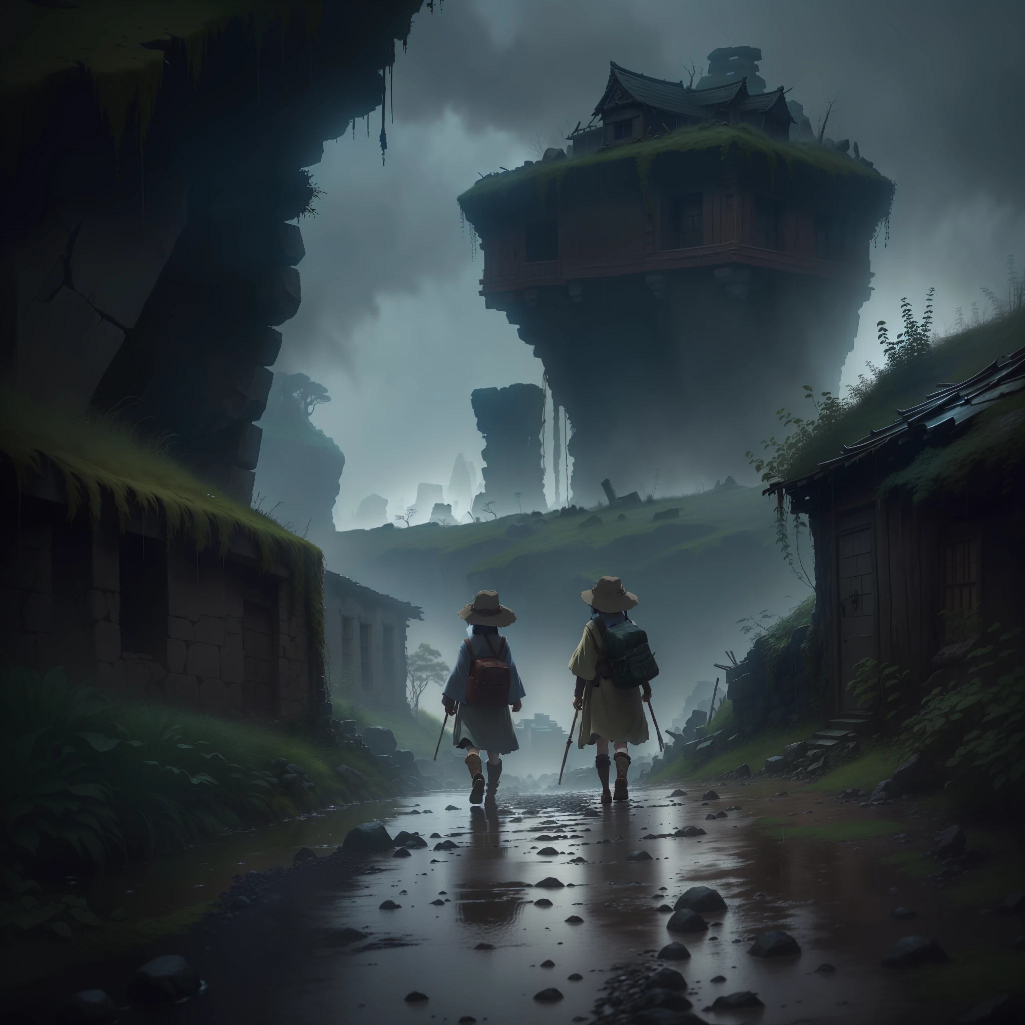 adventurers walking in a line on a dirt road wedged between 2 columns of rocks, shipwrecks, rain, puddles, pollution, ((Masterpiece, Top Quality, Cinematic, 8k)), ruins: 1.4, dark, night, houses in ruins: 1.4, bushes, ((Hayao Miyazaki: 1.4)), ((Film noise))