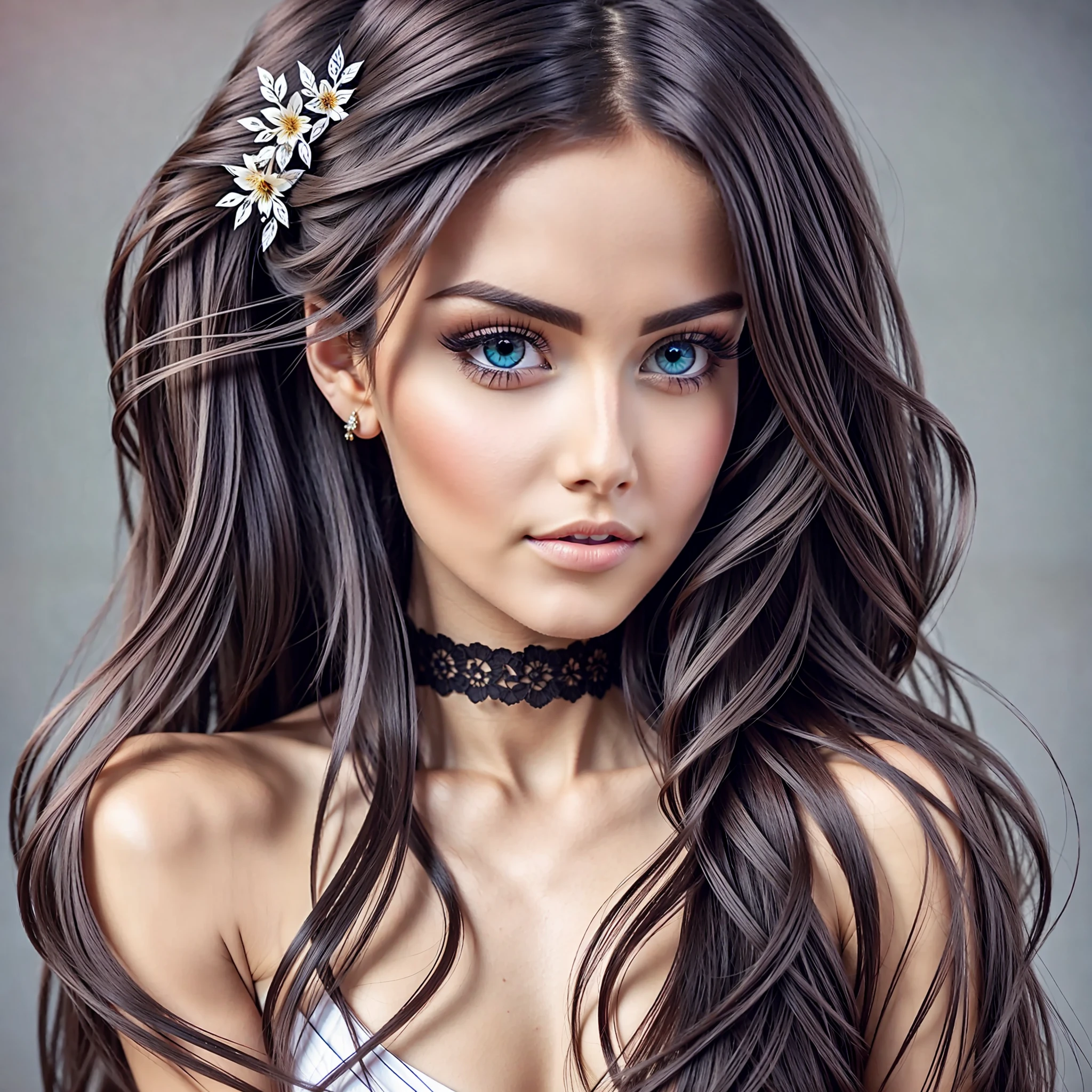 Very beautiful woman, hair with falling tufts, detailed and beautiful eyes