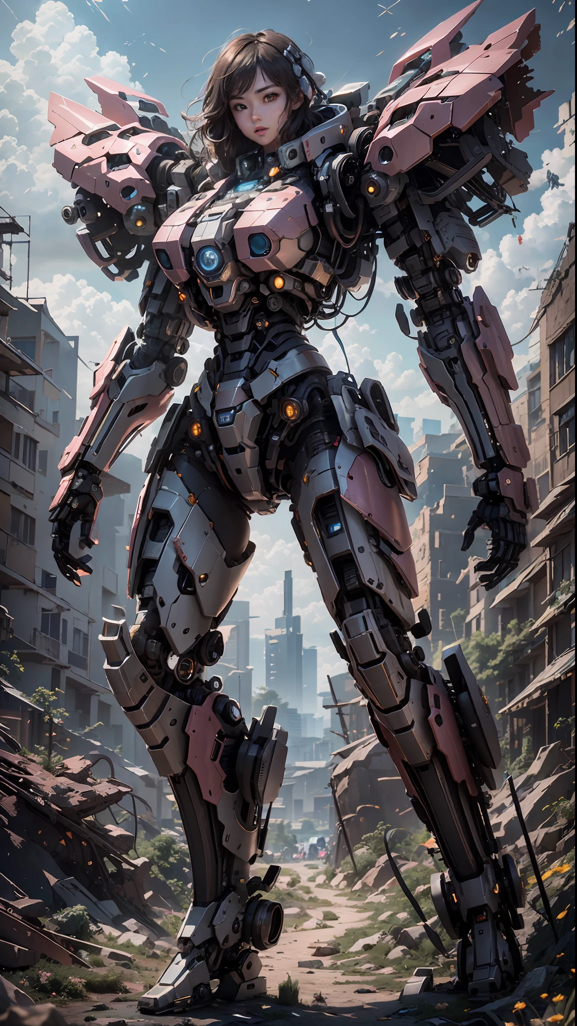 ((Best Quality)), ((Masterpiece)), (Very Detailed:1.3), 3D, Shitu-mecha, Beautiful cyberpunk woman with her pink mech in the ruins of a city in the forgotten war, Ancient technology, HDR (High Dynamic Range), ray tracing, NVIDIA RTX, super resolution, unreal 5, subsurface scattering, PBR texture, post-processing, anisotropic filtering, depth of field, maximum sharpness and sharpness, multi-layer texture, albedo and highlight maps, surface shading, Accurate simulation of light-material interactions, perfect proportions, octane rendering, duotone lighting, low ISO, white balance, rule of thirds, wide aperture, 8K RAW, efficient sub-pixels, subpixel convolution, luminescent particles, light scattering, Tyndall effect