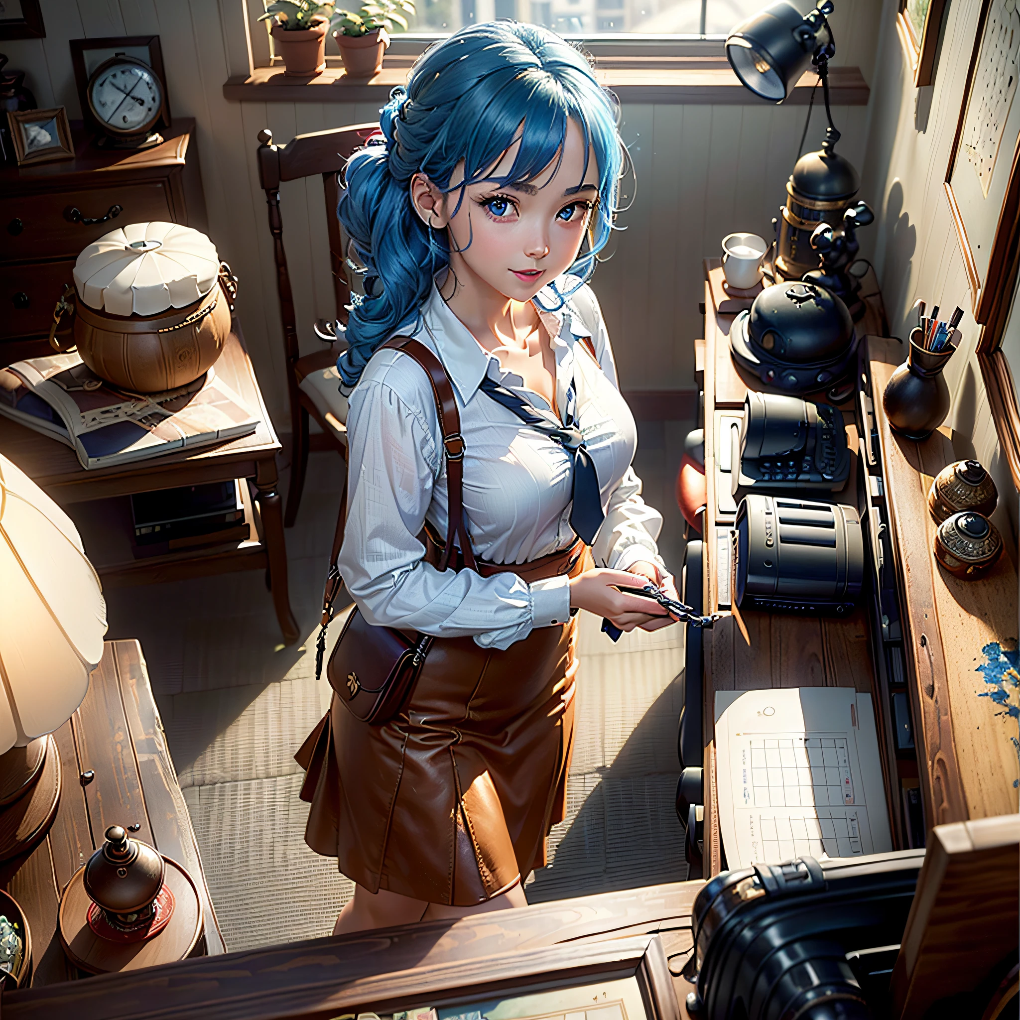 (Masterpiece, highest quality, highest resolution, distinct_image, very elaborate CG, cinematic lighting, ray tracing, drop shadows, detailed detail, (photorealistic: 1.4), high quality textures, fine-grained, realistic face expression): (Girl alone, face is Japan, blue hair, small size breasts, sparkling blue eyes, Eye level shot, happy smile, beauty, slim body, holiday, own room, game console, computer, display, keyboard, mouse, long skirt, white shirt with collar, tie, handgun holder, carrying leather bag, long boots, antique radio, coffee, model train, bookcase, wooden chair, pot, fan, painting, Stuffed animals, notebooks, stationery, vases, photo frames, letters, fountain pens, calendars, lamps, cushions, baskets, mirrors, candles, newspapers, sweets, park view outside the window, telephone, fruit, telescope, retro TV)