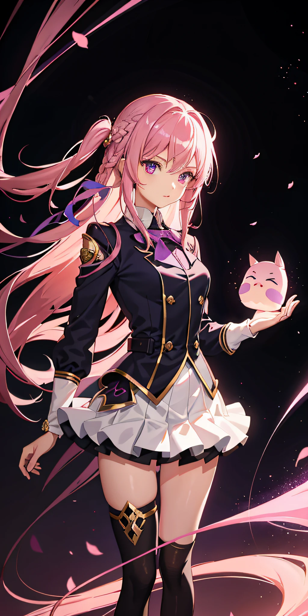 1girl, pink hair, long hair, purple eyes, mask on head, side light, light particles, wallpaper, short skirt, sexy, stockings, long legs, royal sister