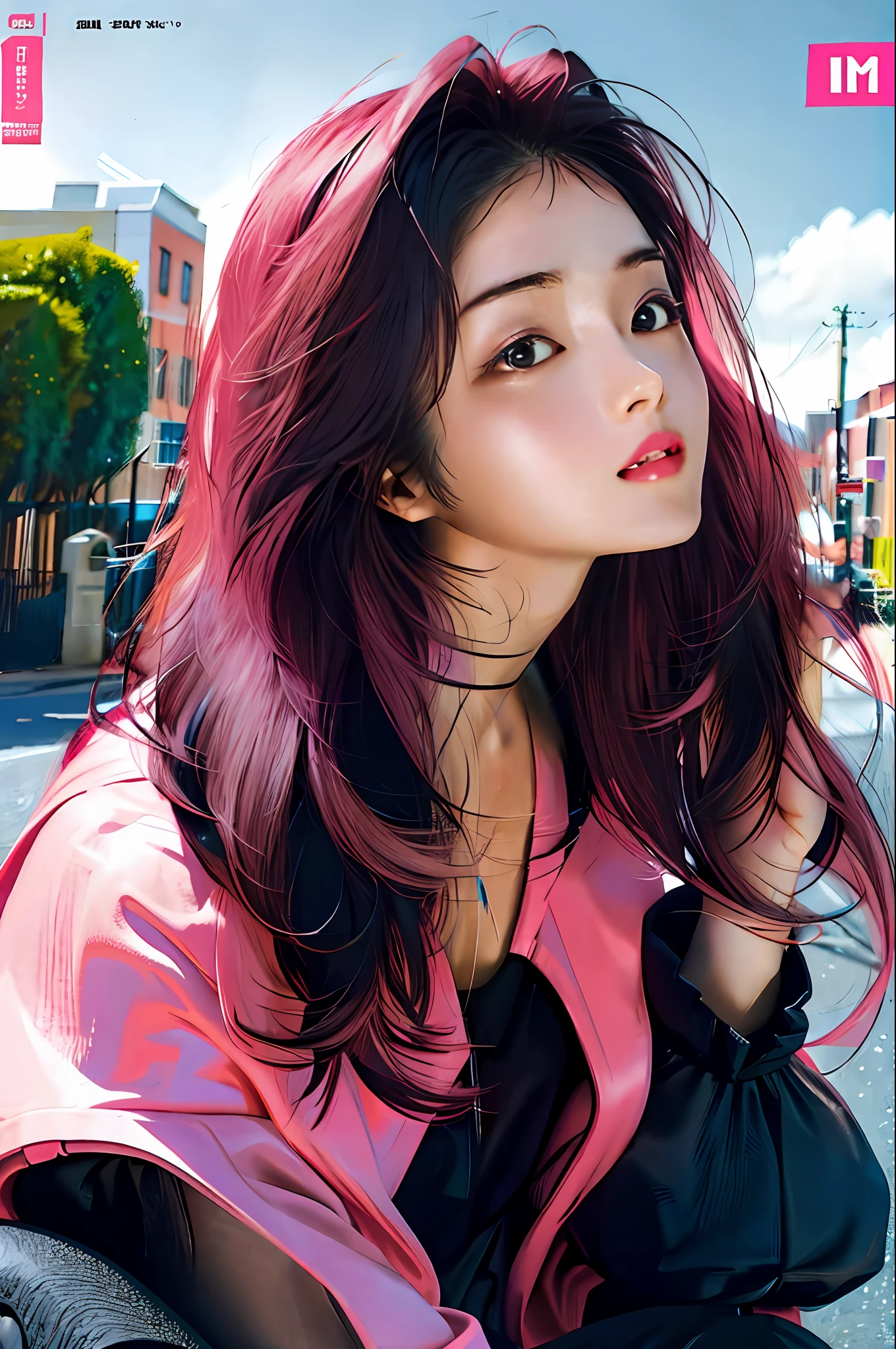 Masterpiece, best quality, black and pink clothing, colored hair, outdoors, magazine cover, upper body, DK logo