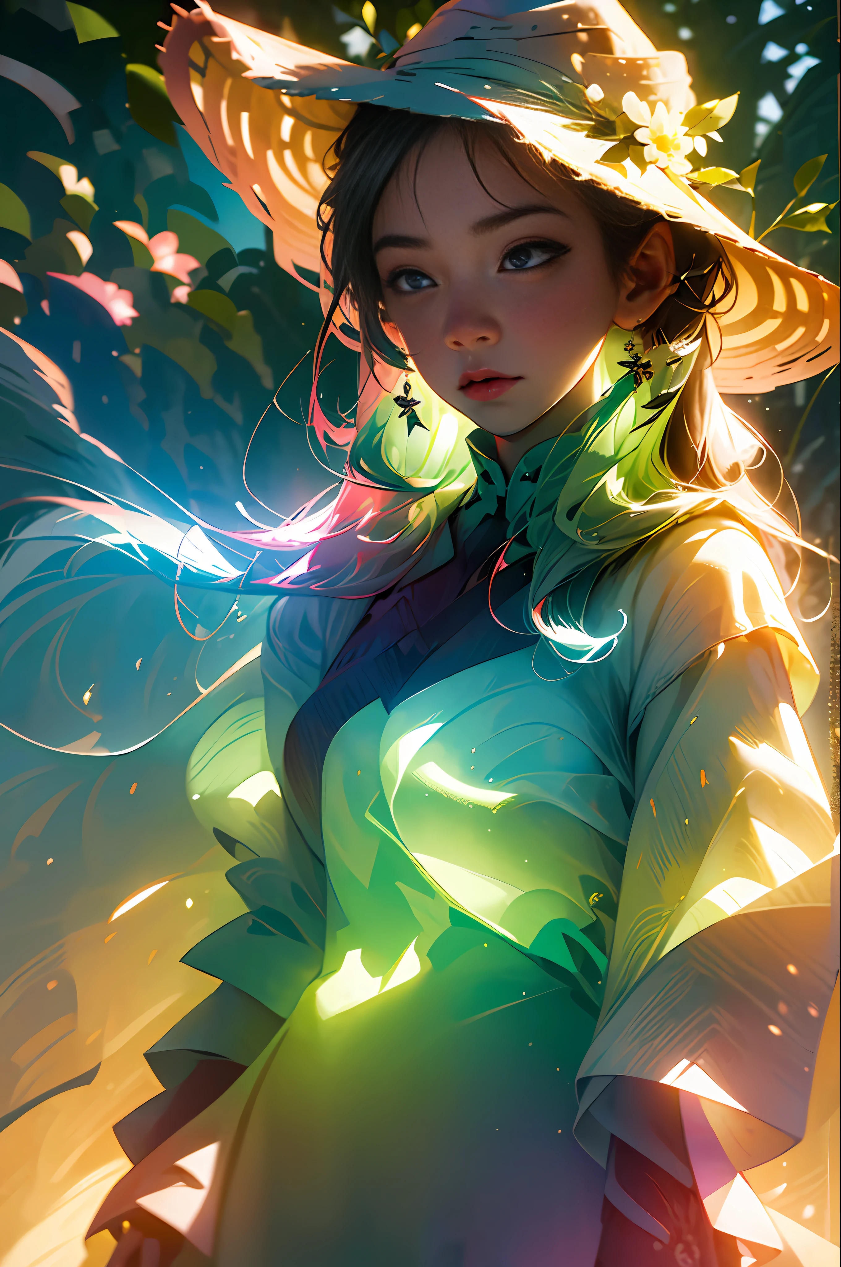 (extreme close up:1.5), (face focus:2),(Style of ???? ???:1.5),
((side face:2)),(1girl surrounded by soft_light:1.5), (backlighting:1.8), (lighting),(flowing fabric:1.3), ((Floral_summer_dress:1.5),(Straw_hat:1.3)),
(masterpiece), realistic, HDR, highly detailed, 8k, raw photo,
ambient occlusion, natural, harmonious composition, warm tones, fine art photography, --auto --s2