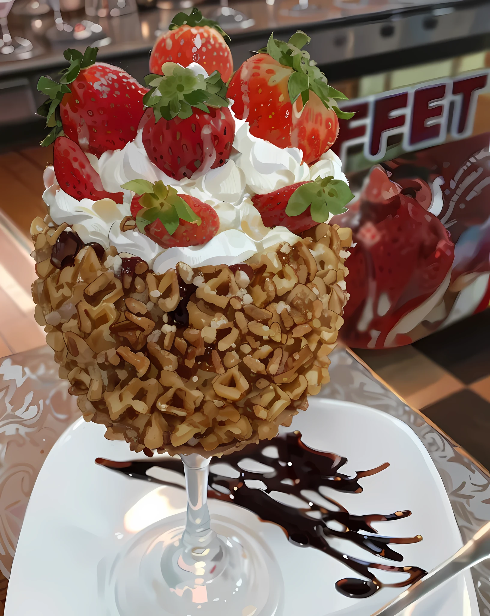 there is a dessert with strawberries and whipped cream on top, sea of parfait, dessert, stroopwaffel, jaw dropping, recipe, whipped cream on top, mmmmm, desserts, ❤🔥🍄🌪, yummy, bowl filled with food, highly stylized, 2995599206, beutifull, deconstructed waffle --auto --s2