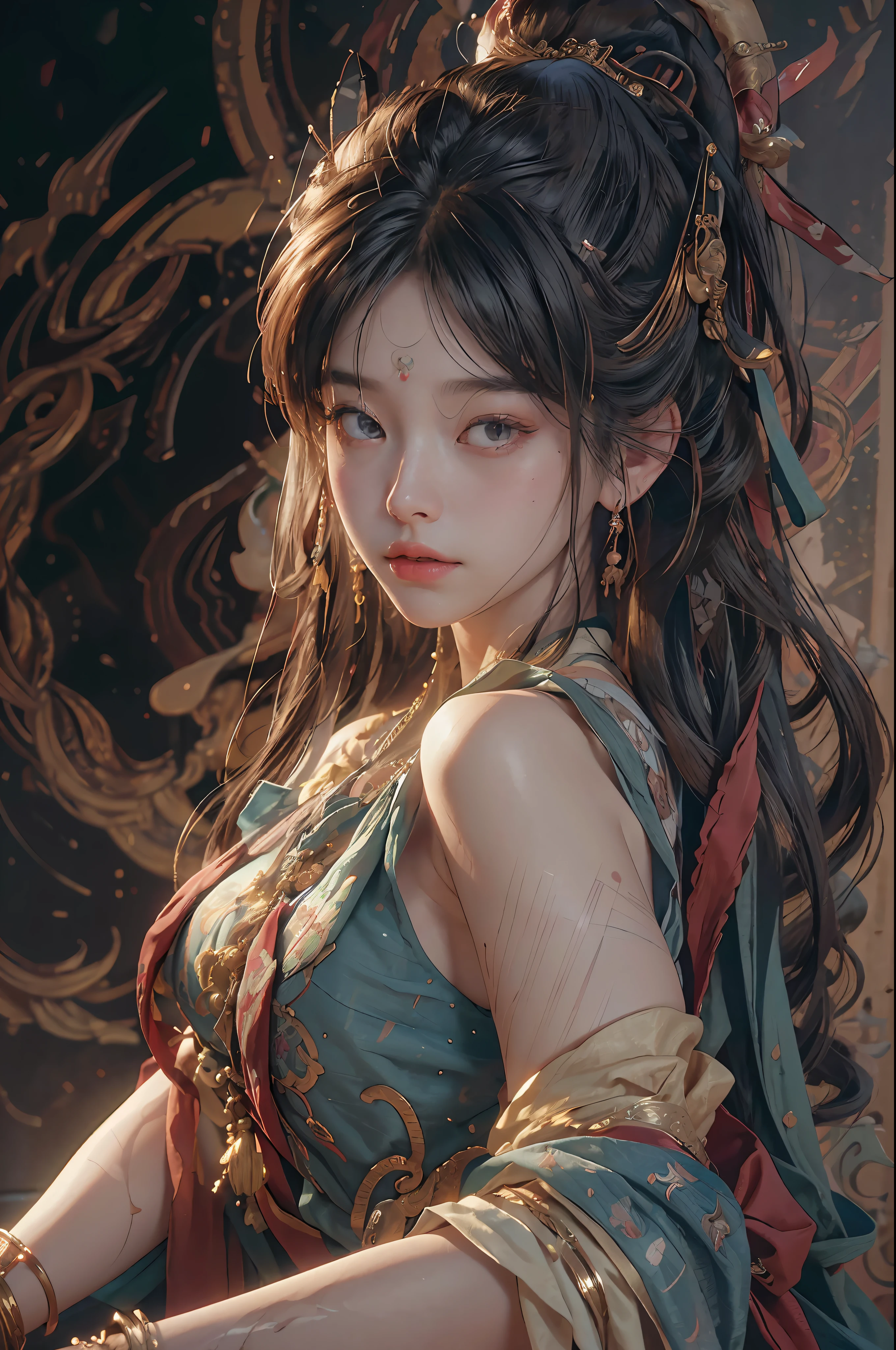 (RAW photo, best quality), (realistic, photo-realistic:1.3),best quality,highly detailed,masterpiece,ultra-detailed,illustration,1girl,upper_body,dynamic angle,world masterpiece theater,messy_long_hair,best quality,extremely detailed CG unity 8k wallpaper,ink,Amazing,cinematic lighting,lens_flare, dunhuang_style